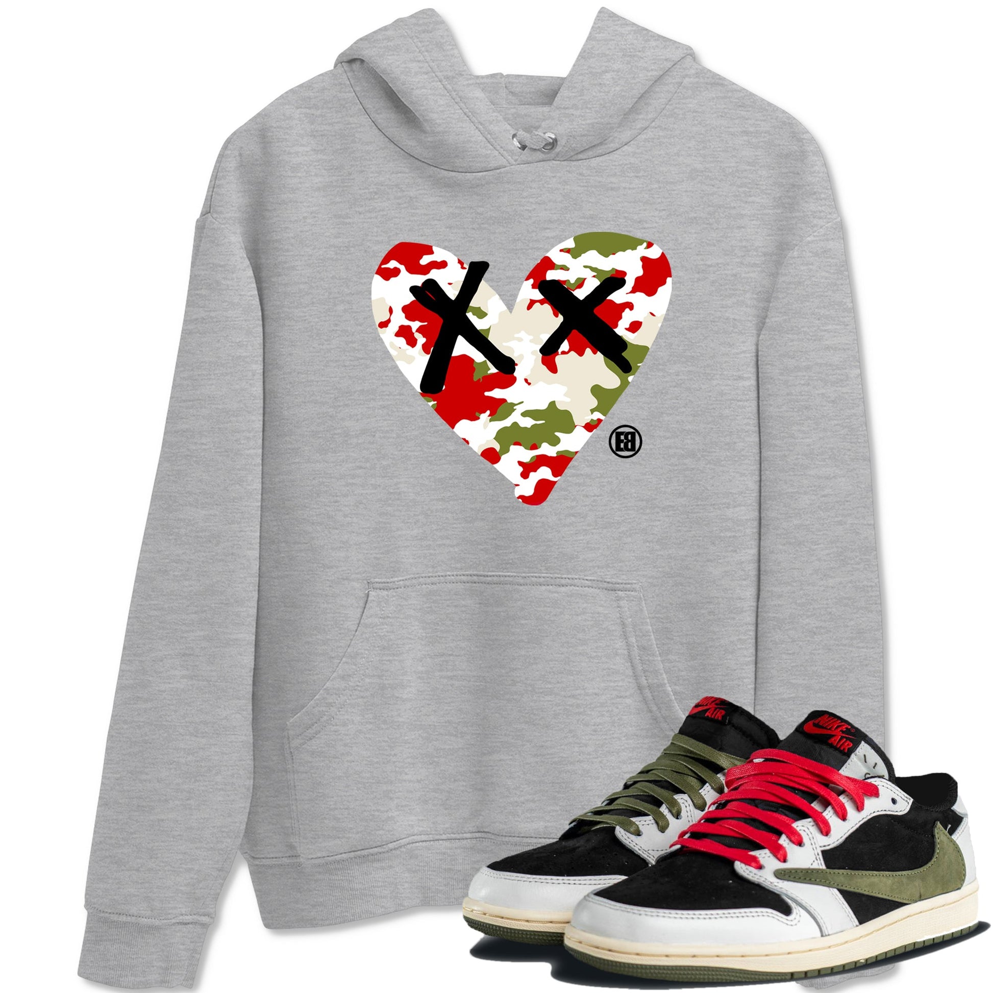 1s Travis Scott Olive shirts to match jordans Camo Heart best t shirts to wear with jordans AJ1 Retro Travis Scott Olive match shoes to clothes SNRT Sneaker Tees unisex cotton Heather Grey 1 shirts