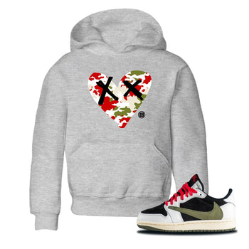 1s Travis Scott Olive shirts to match jordans Camo Heart best t shirts to wear with jordans AJ1 Retro Travis Scott Olive match shoes to clothes SNRT Sneaker Tees Youth Baby Heather Grey 1 tee