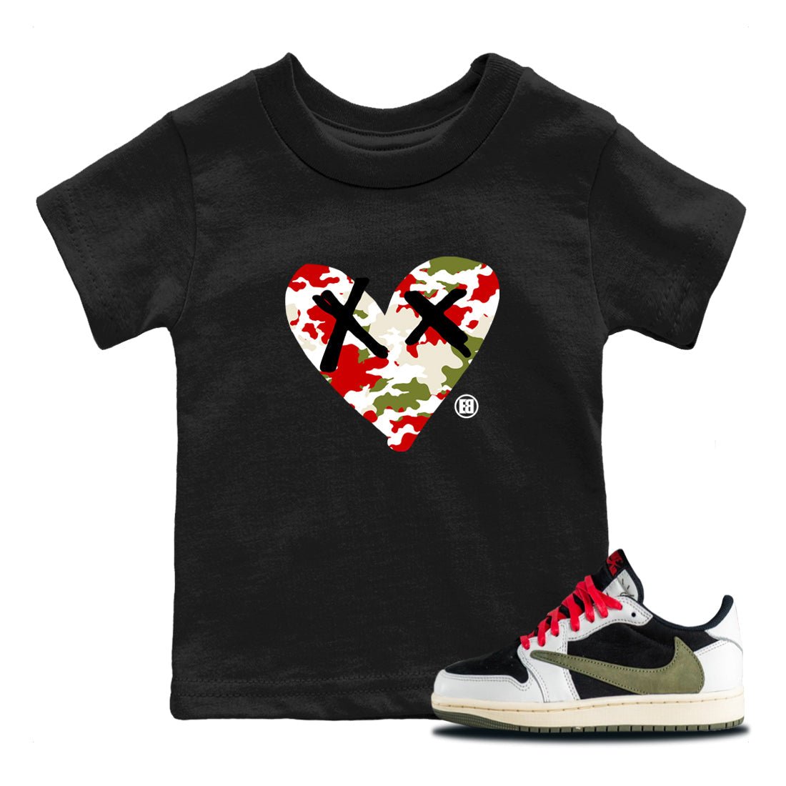 1s Travis Scott Olive shirts to match jordans Camo Heart best t shirts to wear with jordans AJ1 Retro Travis Scott Olive match shoes to clothes SNRT Sneaker Tees Youth Baby Black 1 tee