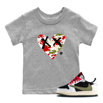 1s Travis Scott Olive shirts to match jordans Camo Heart best t shirts to wear with jordans AJ1 Retro Travis Scott Olive match shoes to clothes SNRT Sneaker Tees Youth Baby Heather Grey 1 tee