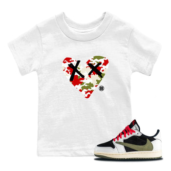 1s Travis Scott Olive shirts to match jordans Camo Heart best t shirts to wear with jordans AJ1 Retro Travis Scott Olive match shoes to clothes SNRT Sneaker Tees Youth Baby White 1 tee