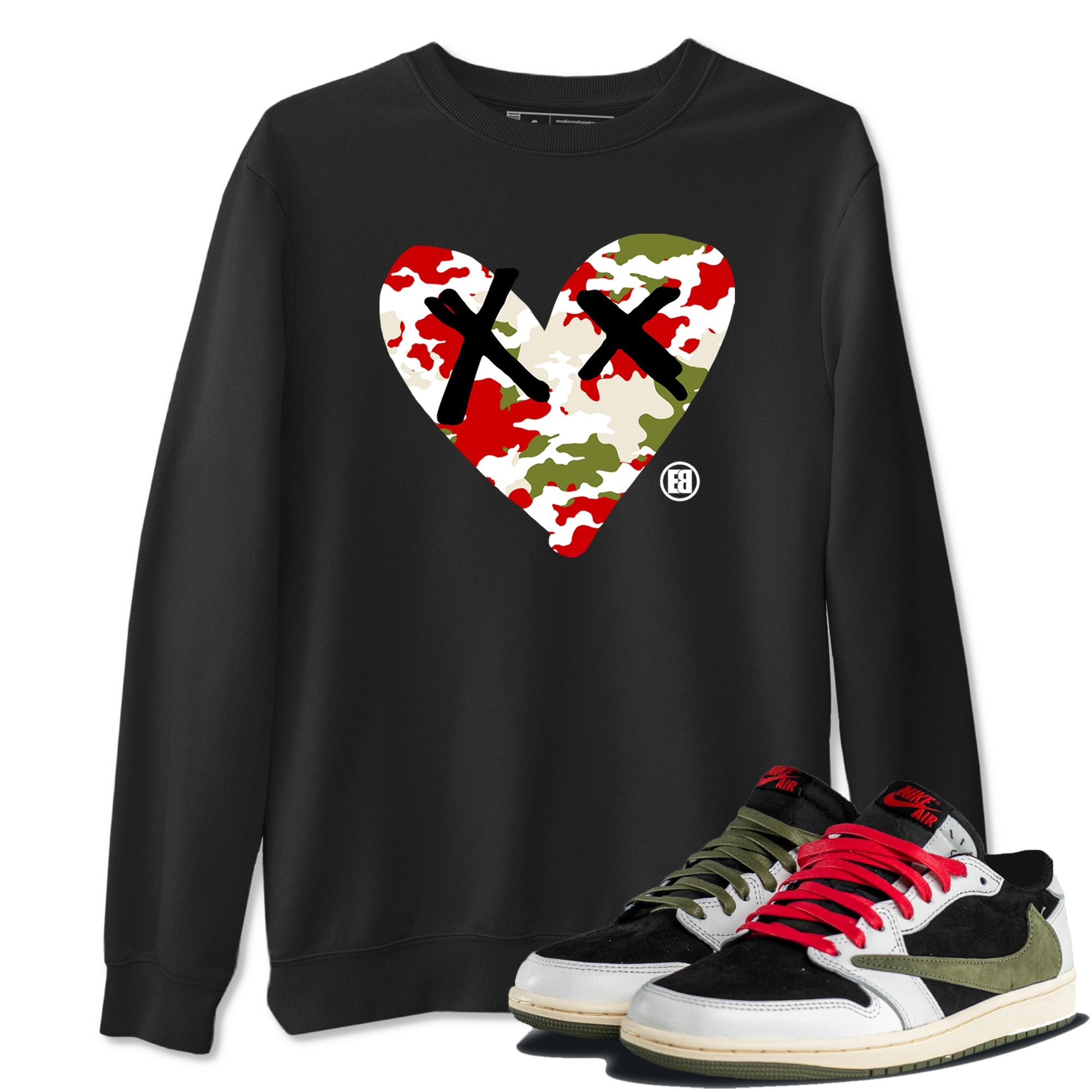 1s Travis Scott Olive shirts to match jordans Camo Heart best t shirts to wear with jordans AJ1 Retro Travis Scott Olive match shoes to clothes SNRT Sneaker Tees unisex cotton Black 1 shirts