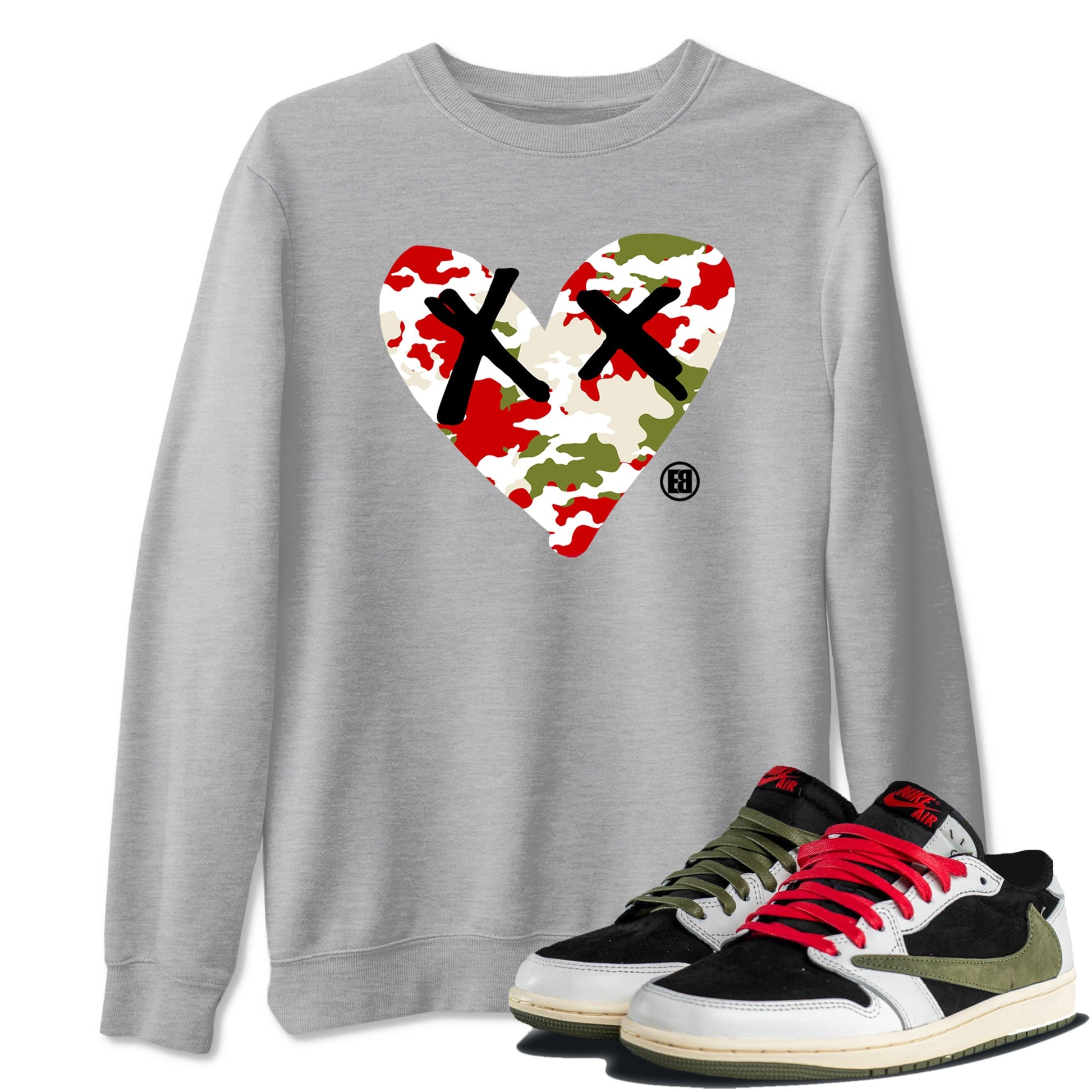 1s Travis Scott Olive shirts to match jordans Camo Heart best t shirts to wear with jordans AJ1 Retro Travis Scott Olive match shoes to clothes SNRT Sneaker Tees unisex cotton Heather Grey 1 shirts