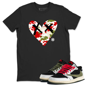 1s Travis Scott Olive shirts to match jordans Camo Heart best t shirts to wear with jordans AJ1 Retro Travis Scott Olive match shoes to clothes SNRT Sneaker Tees unisex cotton Black 1 shirts