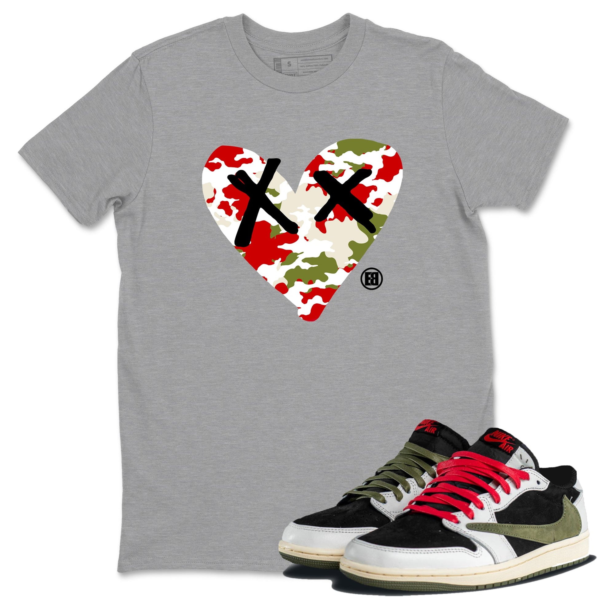 1s Travis Scott Olive shirts to match jordans Camo Heart best t shirts to wear with jordans AJ1 Retro Travis Scott Olive match shoes to clothes SNRT Sneaker Tees unisex cotton Heather Grey 1 shirts