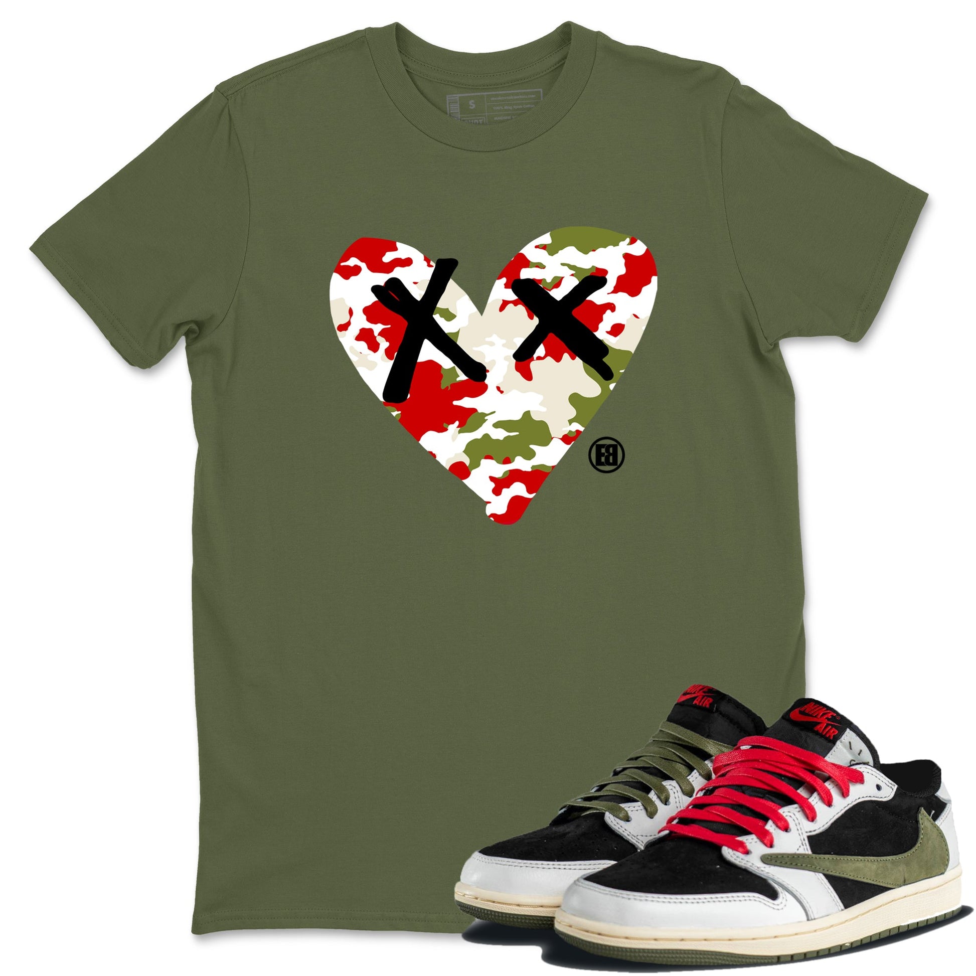 1s Travis Scott Olive shirts to match jordans Camo Heart best t shirts to wear with jordans AJ1 Retro Travis Scott Olive match shoes to clothes SNRT Sneaker Tees unisex cotton Military Green 1 shirts