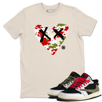1s Travis Scott Olive shirts to match jordans Camo Heart best t shirts to wear with jordans AJ1 Retro Travis Scott Olive match shoes to clothes SNRT Sneaker Tees unisex cotton Natural 1 shirts