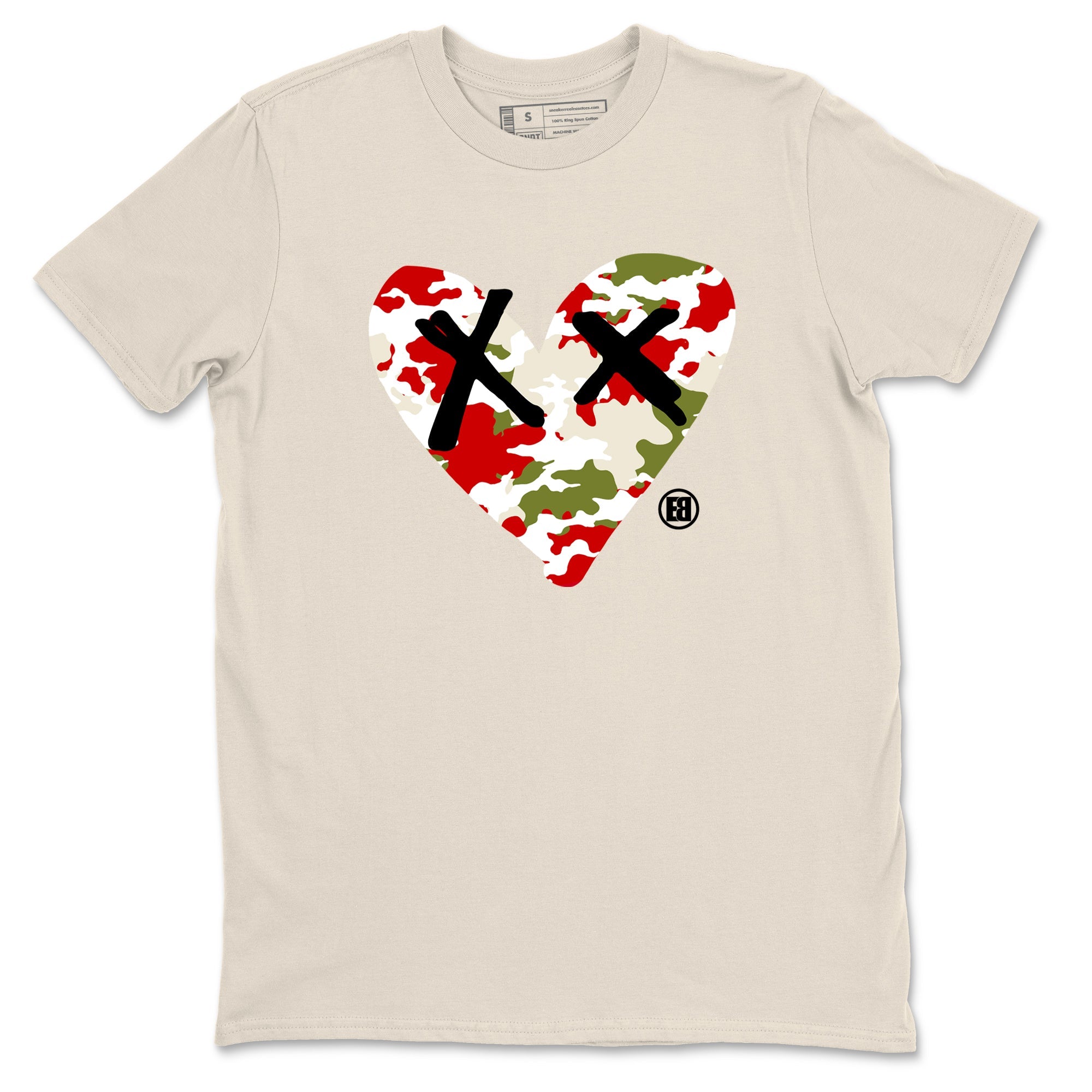 1s Travis Scott Olive shirts to match jordans Camo Heart best t shirts to wear with jordans AJ1 Retro Travis Scott Olive match shoes to clothes SNRT Sneaker Tees unisex cotton Natural 2 shirts