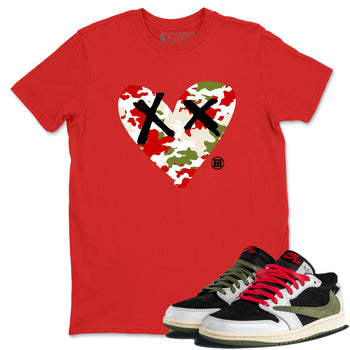 1s Travis Scott Olive shirts to match jordans Camo Heart best t shirts to wear with jordans AJ1 Retro Travis Scott Olive match shoes to clothes SNRT Sneaker Tees unisex cotton Red 1 shirts