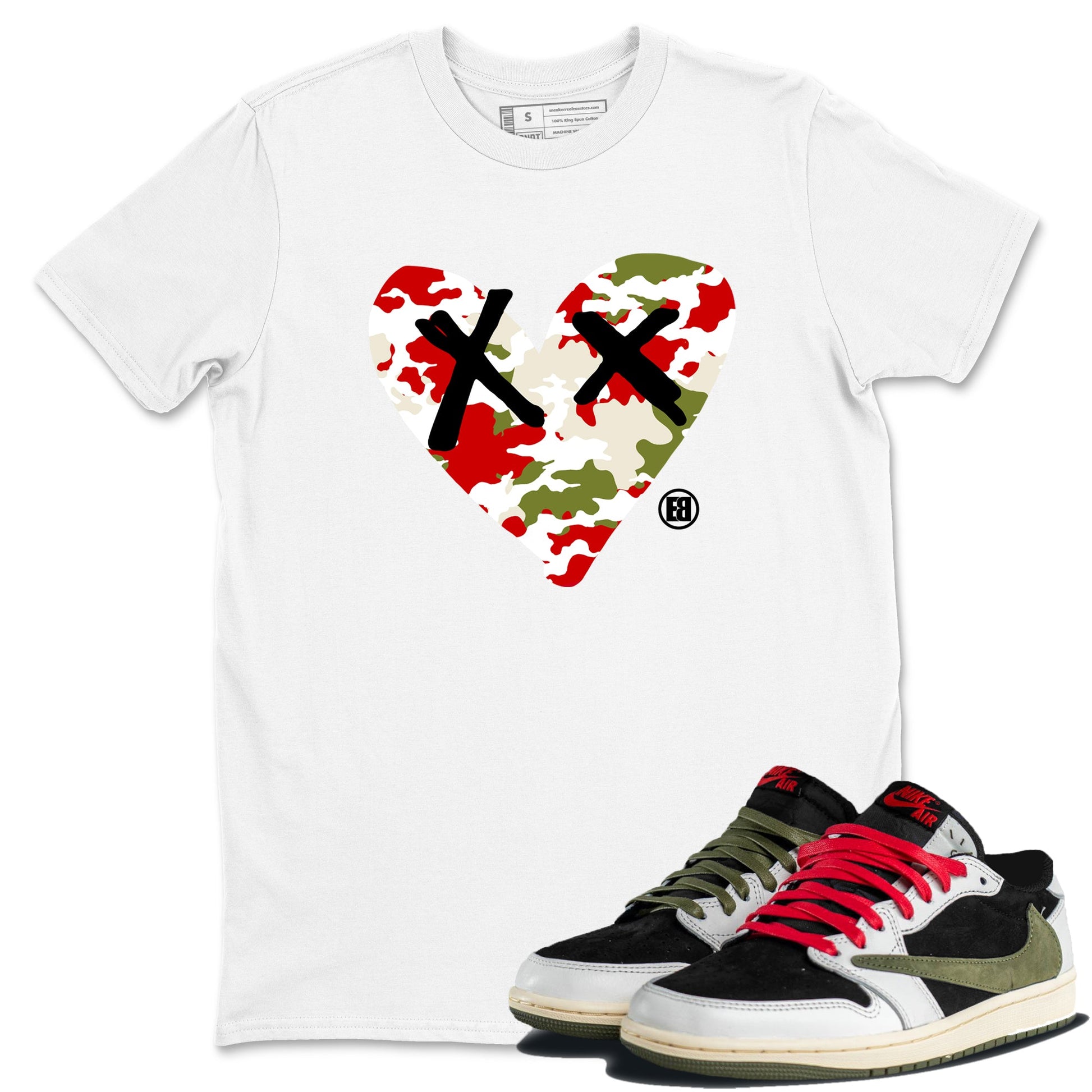 1s Travis Scott Olive shirts to match jordans Camo Heart best t shirts to wear with jordans AJ1 Retro Travis Scott Olive match shoes to clothes SNRT Sneaker Tees unisex cotton White 1 shirts