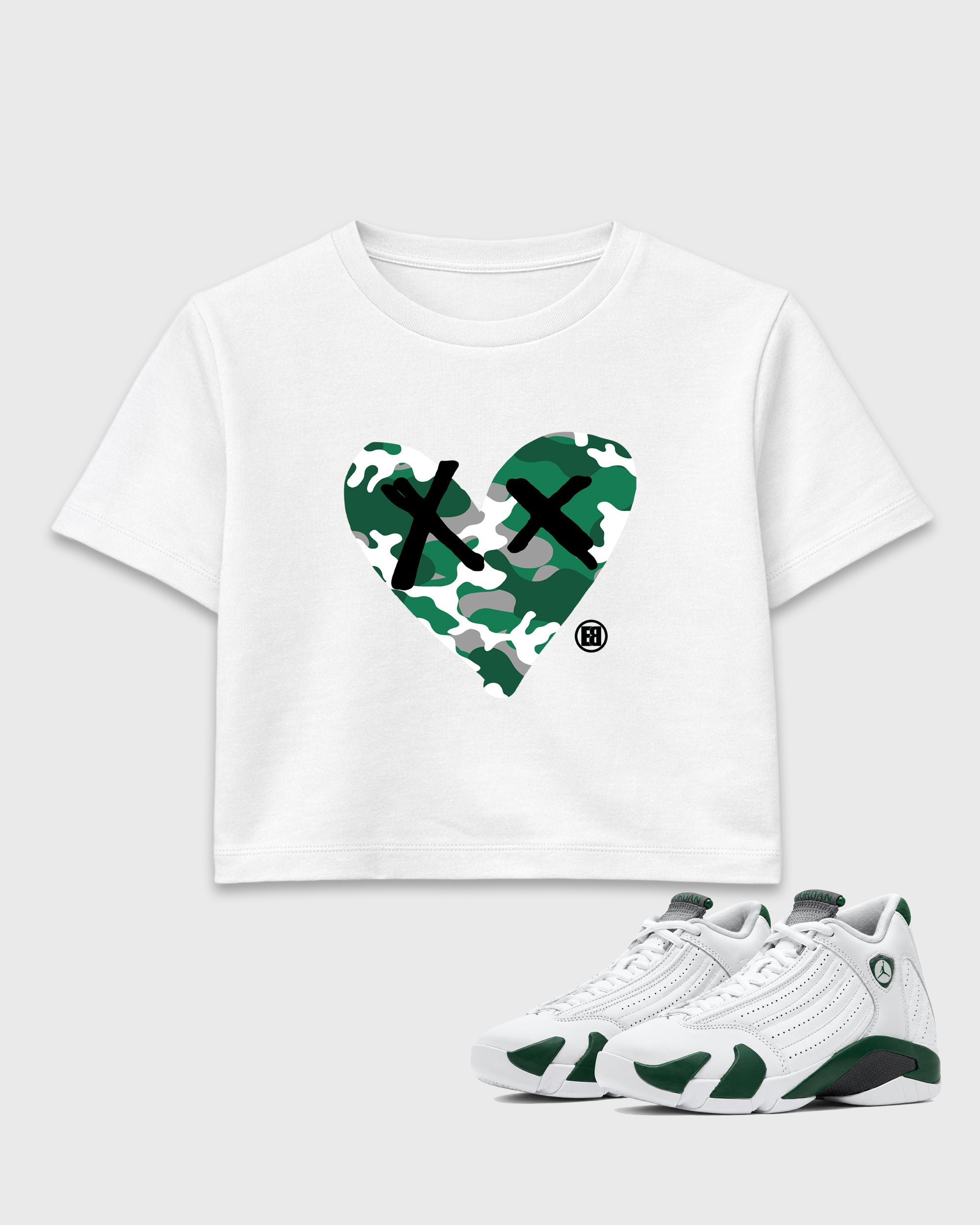 Camo Heart women’s crop tee designed to match the Air Jordan 14 Forest Green, featuring coordinated White 1 options for a perfect streetwear vibe.