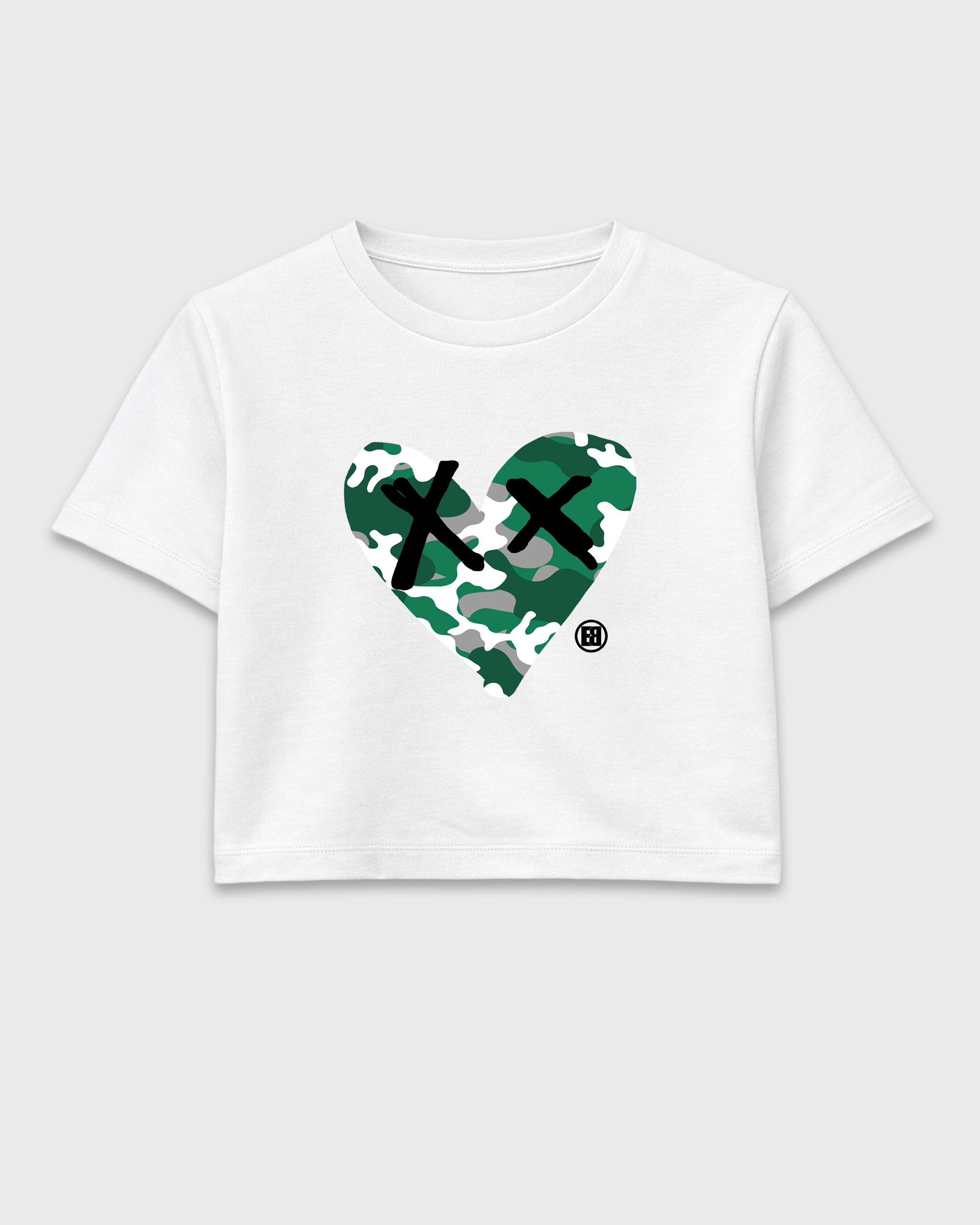 Camo Heart women’s crop tee designed to match the Air Jordan 14 Forest Green, featuring coordinated White 2 options for a perfect streetwear vibe.