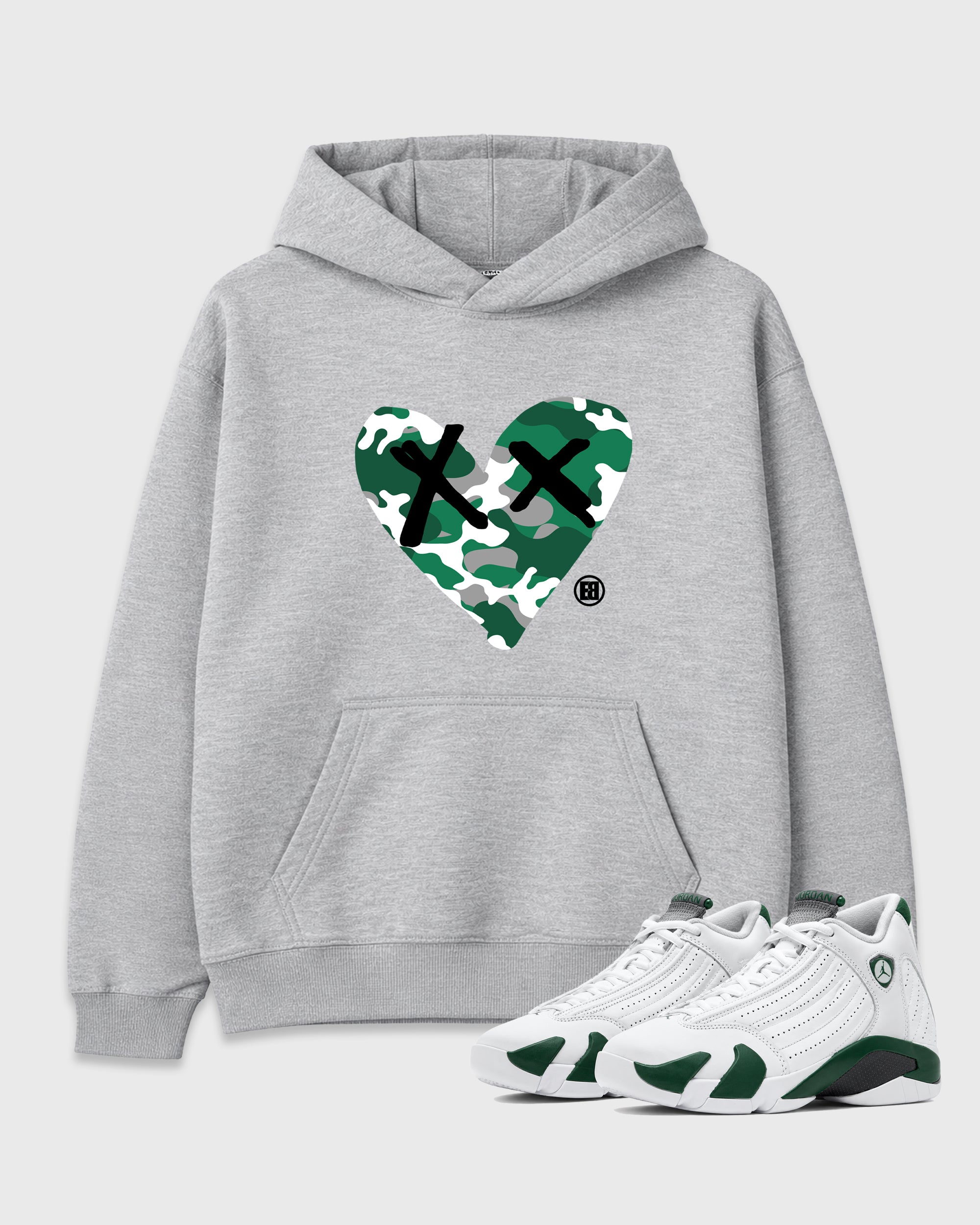Camo Heart Graphic T-Shirt featuring original streetwear artwork designed to match the Air Jordan 14 Forest Green. Heather Grey 1 Graphic Tee.