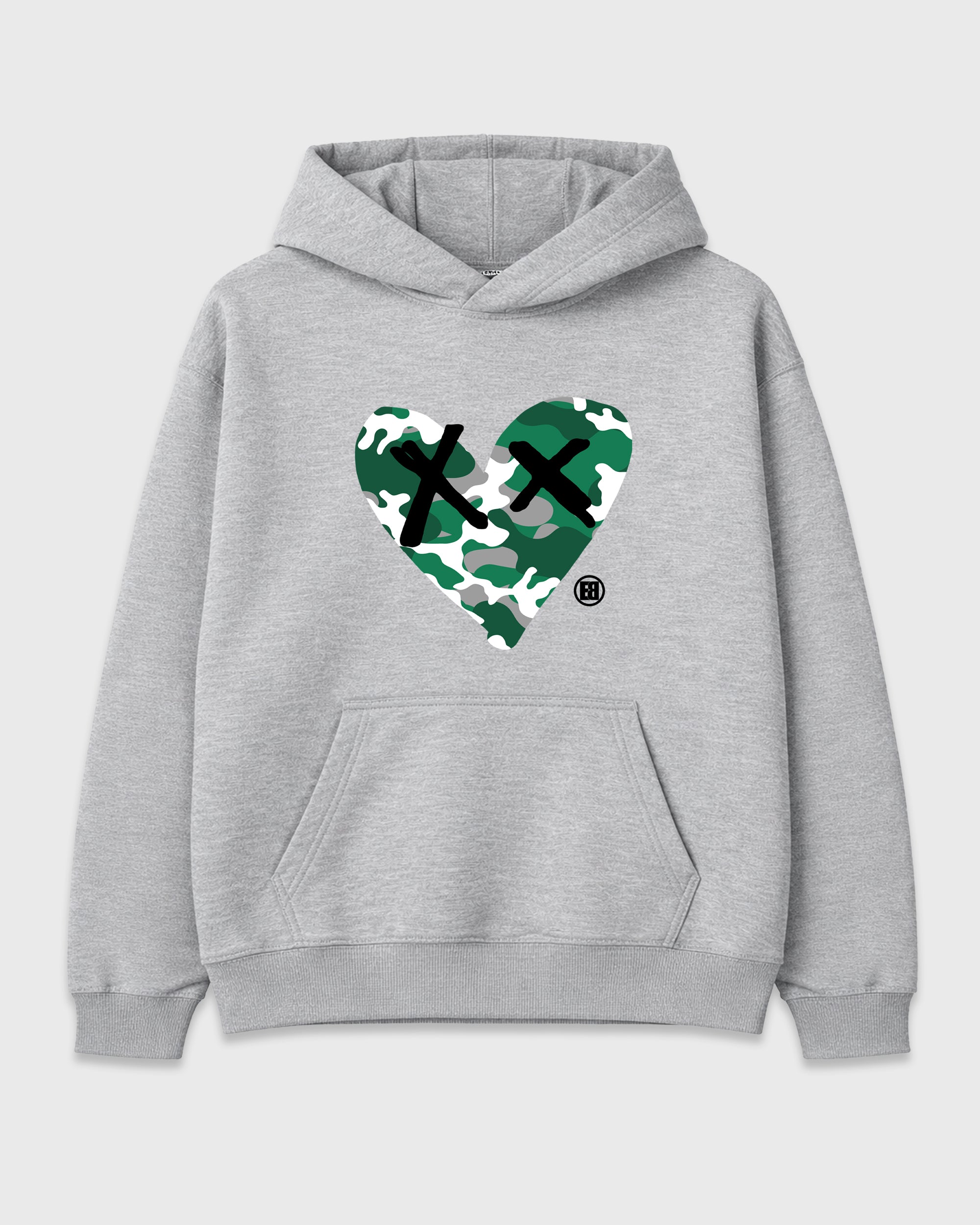 Camo Heart Graphic T-Shirt featuring original streetwear artwork designed to match the Air Jordan 14 Forest Green. Heather Grey 2 Graphic Tee.