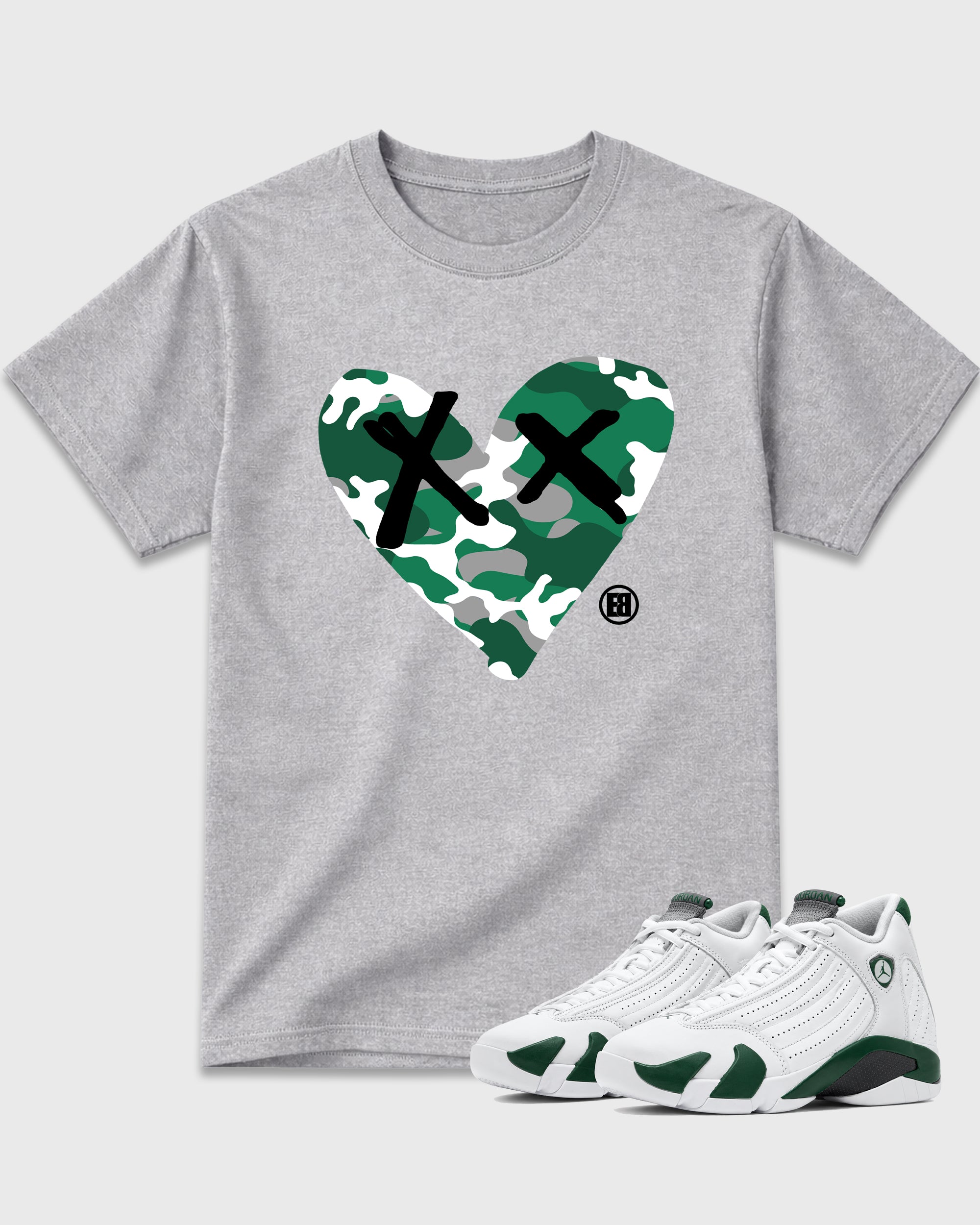 Camo Heart Graphic T-Shirt featuring original streetwear artwork designed to match the Air Jordan 14 Forest Green. Heather Grey 1 Graphic T-Shirt.