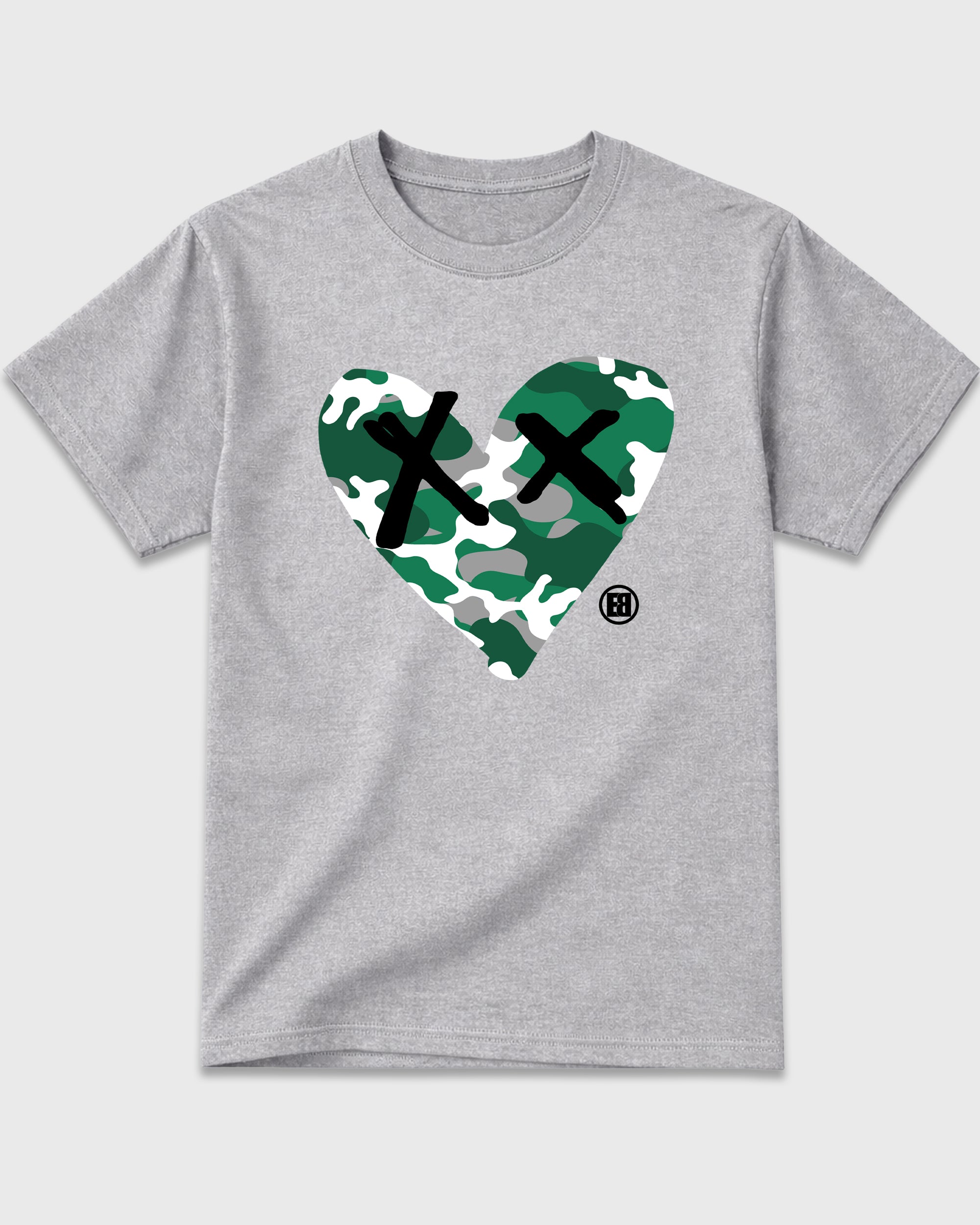 Camo Heart Graphic T-Shirt featuring original streetwear artwork designed to match the Air Jordan 14 Forest Green. Heather Grey 2 Graphic T-Shirt.