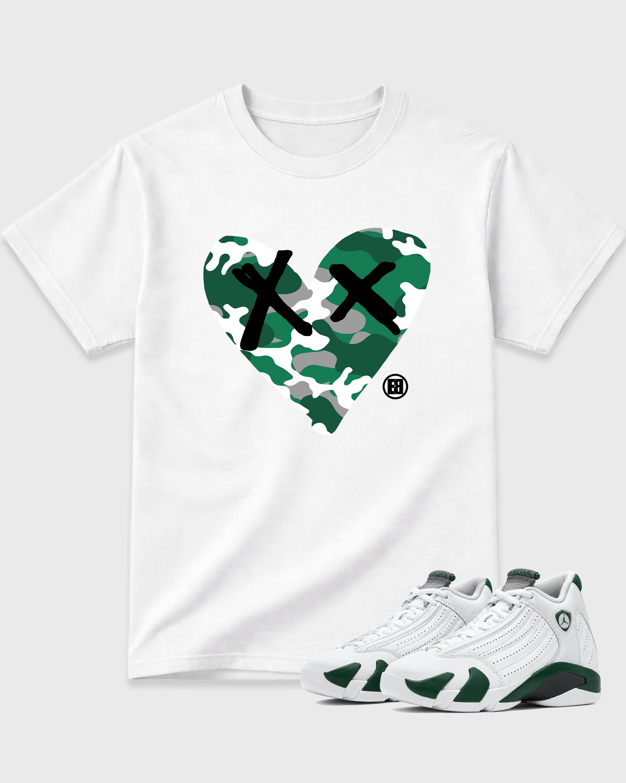 Camo Heart Graphic T-Shirt featuring original streetwear artwork designed to match the Air Jordan 14 Forest Green. White 1 Graphic T-Shirt.