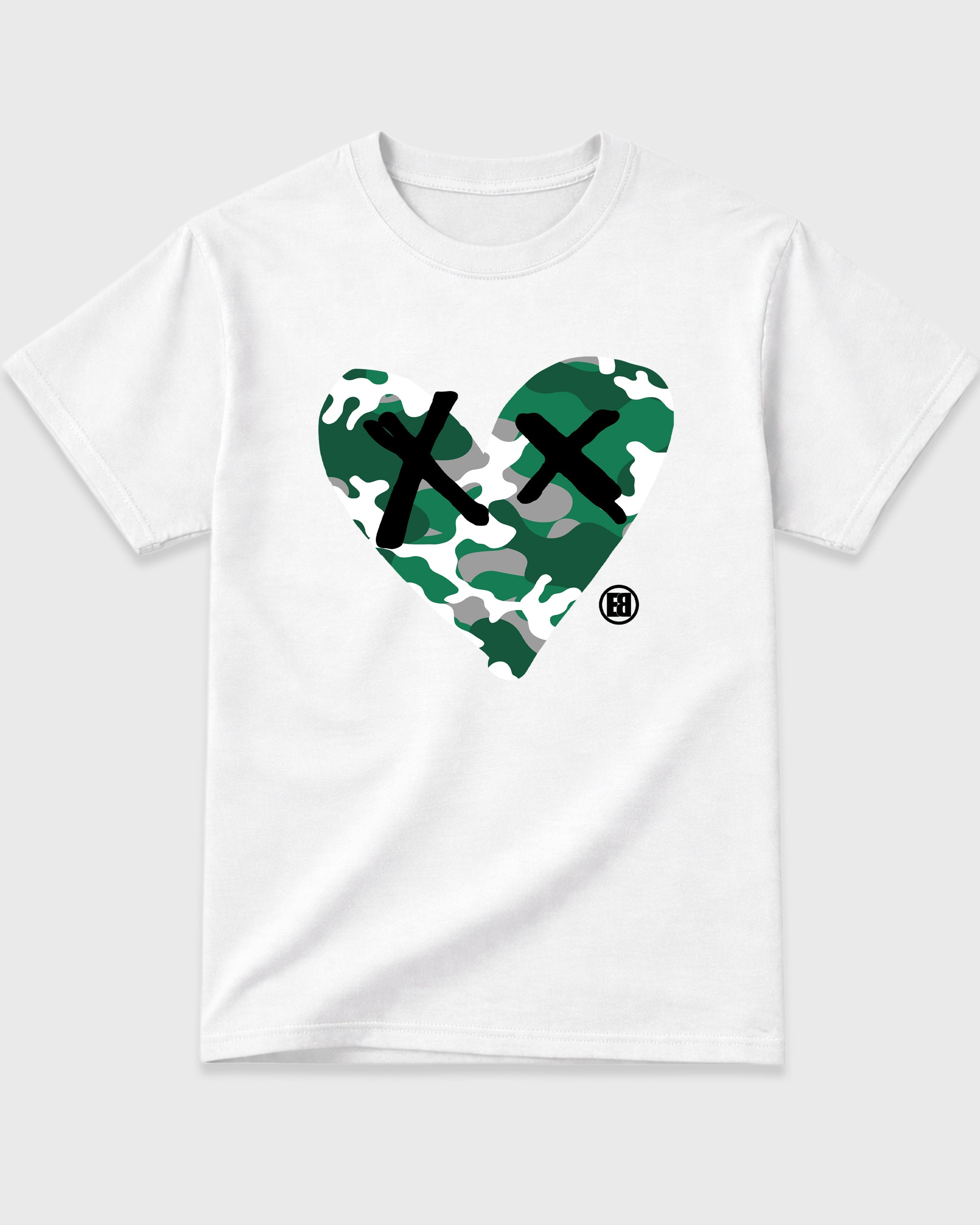 Camo Heart Graphic T-Shirt featuring original streetwear artwork designed to match the Air Jordan 14 Forest Green. White 2 Graphic T-Shirt.