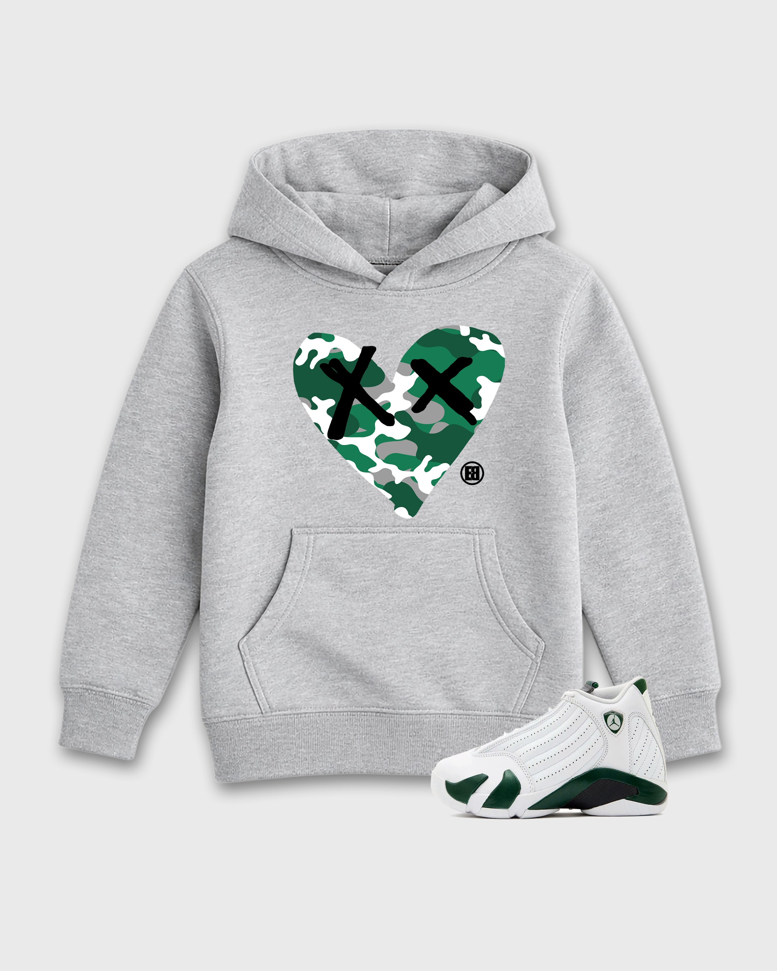 Camo Heart Baby & Kids Graphic Hoodie featuring original artwork designed to match the Air Jordan 14 Forest Green. Heather Grey 1 Kids Graphic Sweater.