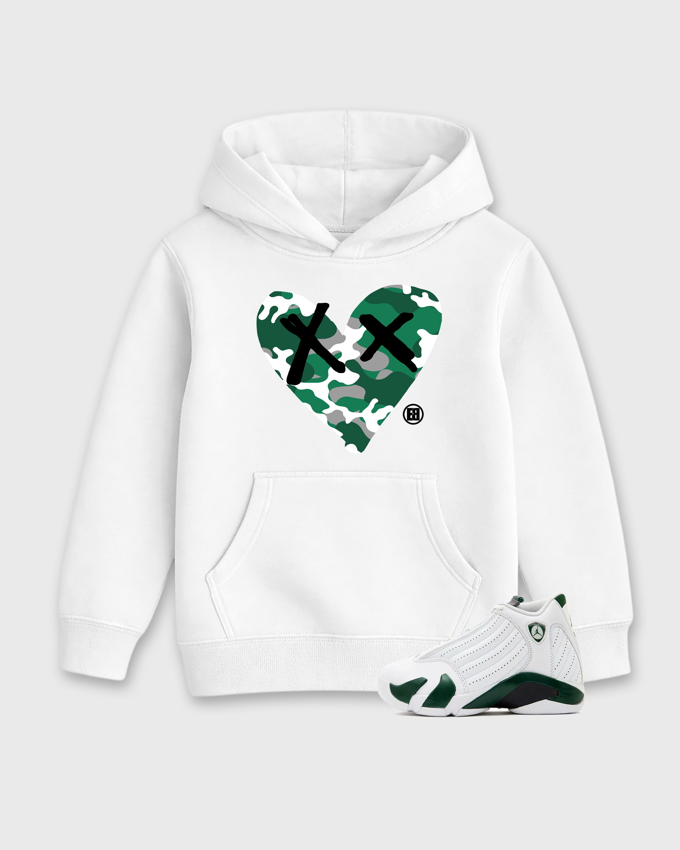 Camo Heart Baby & Kids Graphic Hoodie featuring original artwork designed to match the Air Jordan 14 Forest Green. White 1 Kids Graphic Sweater.
