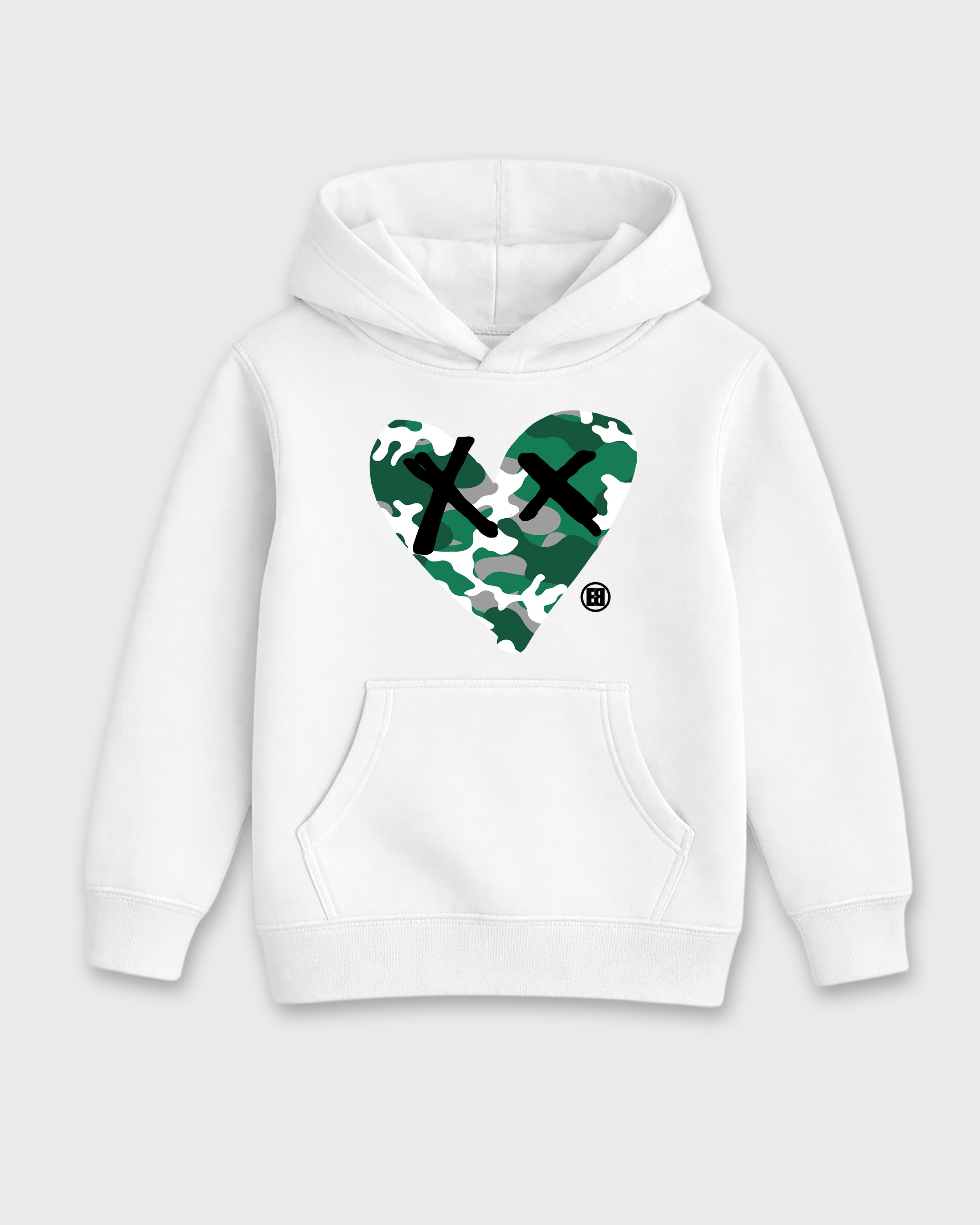 Camo Heart Baby & Kids Graphic Hoodie featuring original artwork designed to match the Air Jordan 14 Forest Green. White 2 Kids Graphic Sweater.