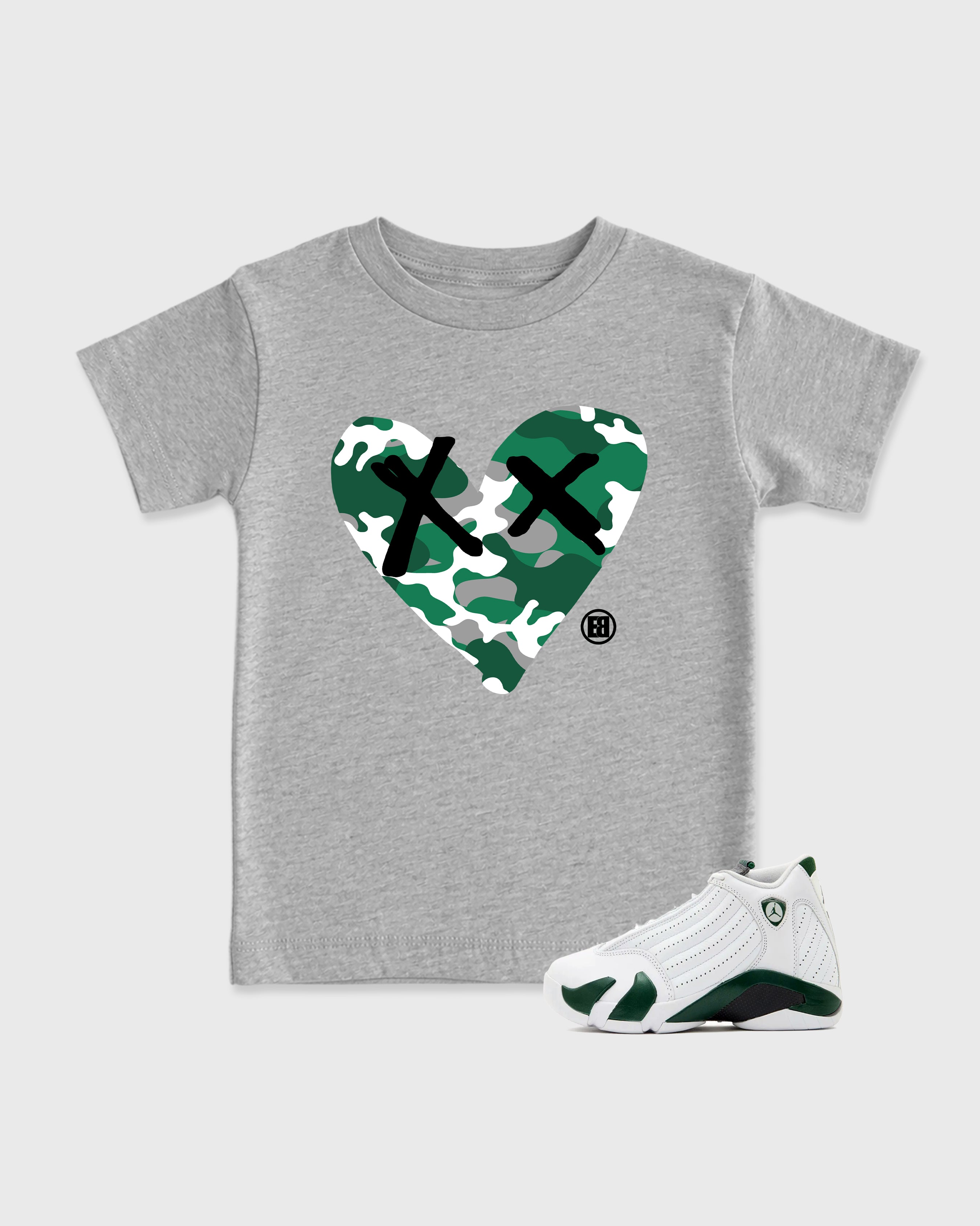 Camo Heart Baby & Kids Graphic T-Shirt featuring original artwork designed to match the Air Jordan 14 Forest Green. Heather Grey 1 Kids Graphic Tee.
