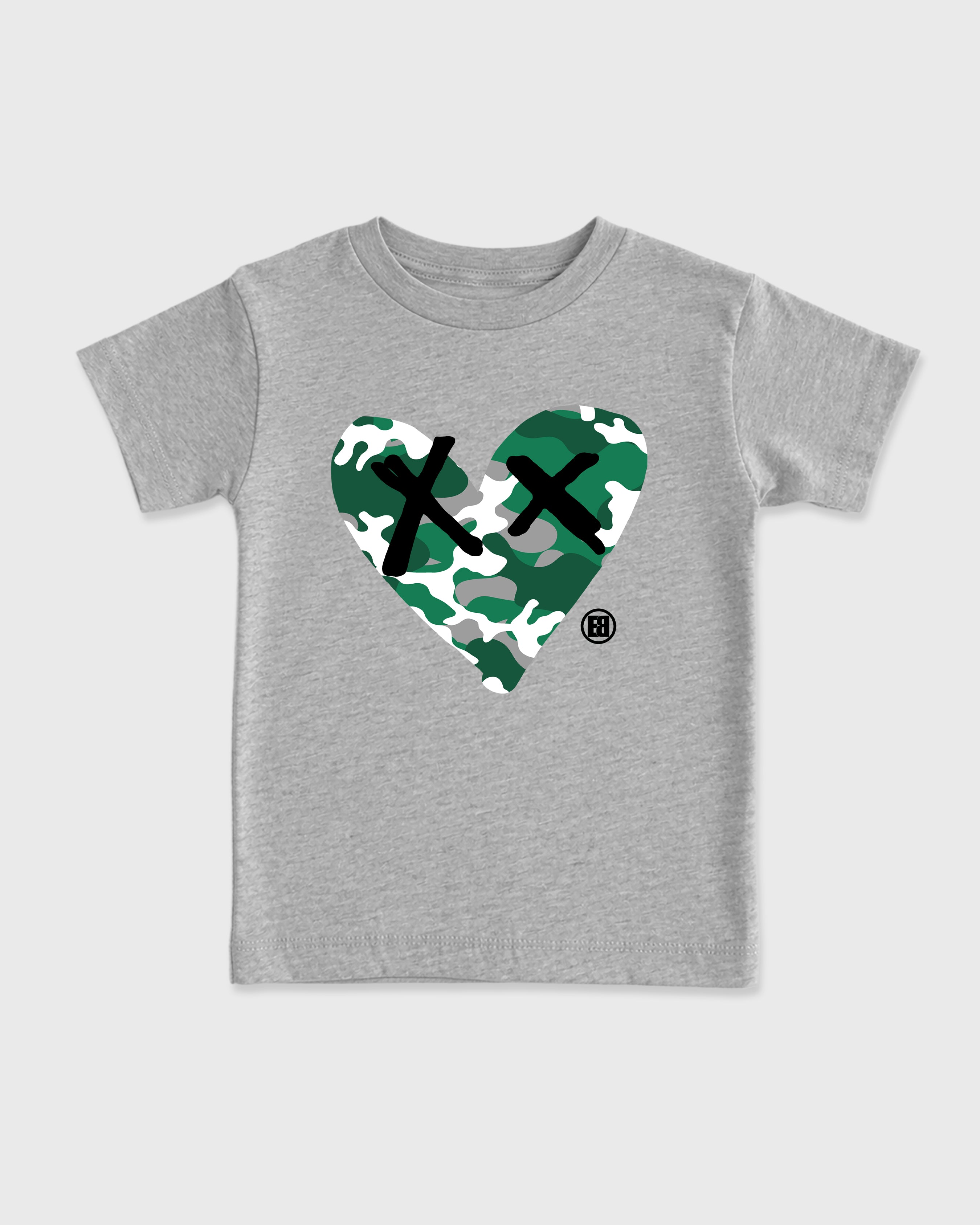 Camo Heart Baby & Kids Graphic T-Shirt featuring original artwork designed to match the Air Jordan 14 Forest Green. Heather Grey 2 Kids Graphic Tee.