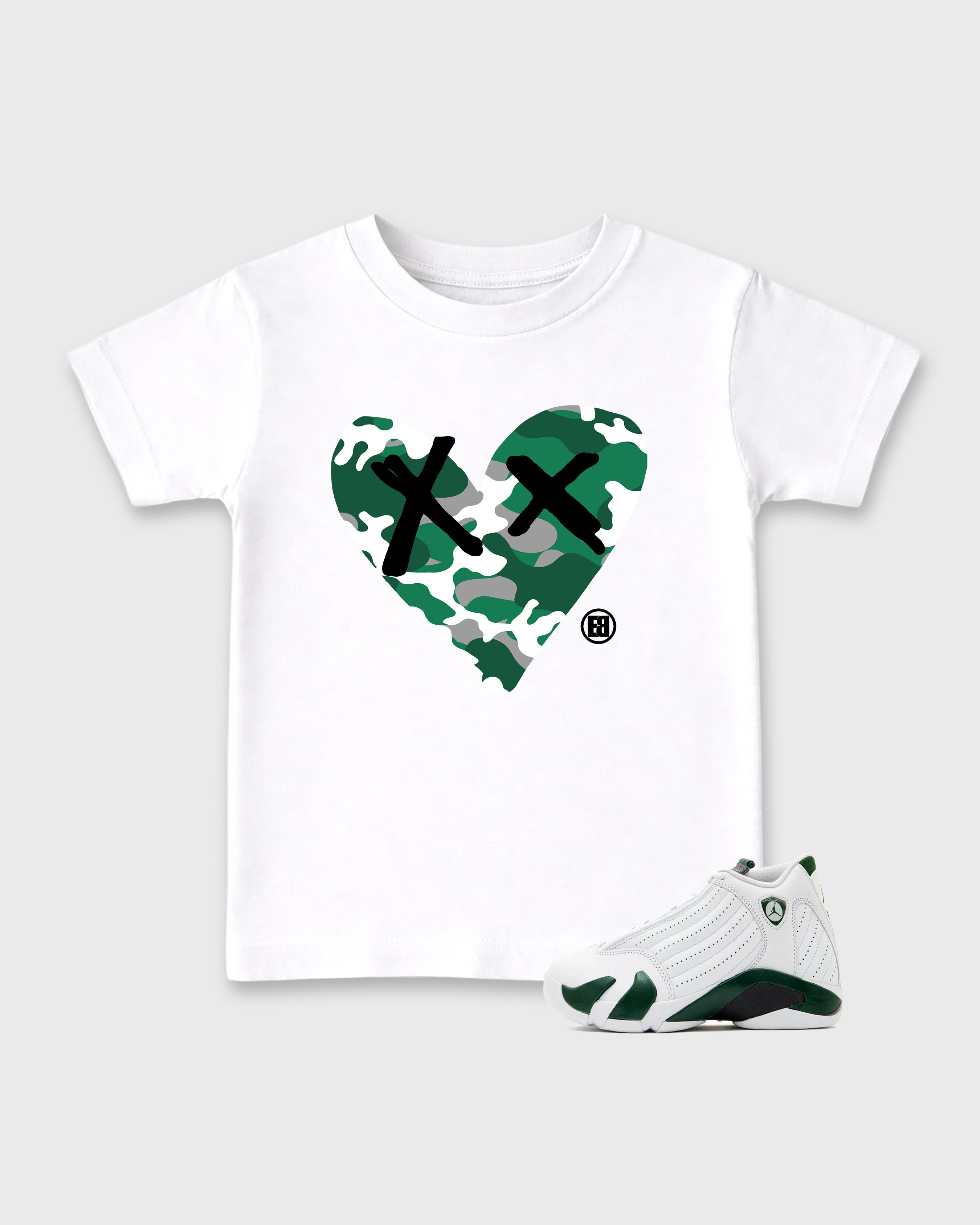 Camo Heart Baby & Kids Graphic T-Shirt featuring original artwork designed to match the Air Jordan 14 Forest Green. White 1 Kids Graphic Tee.