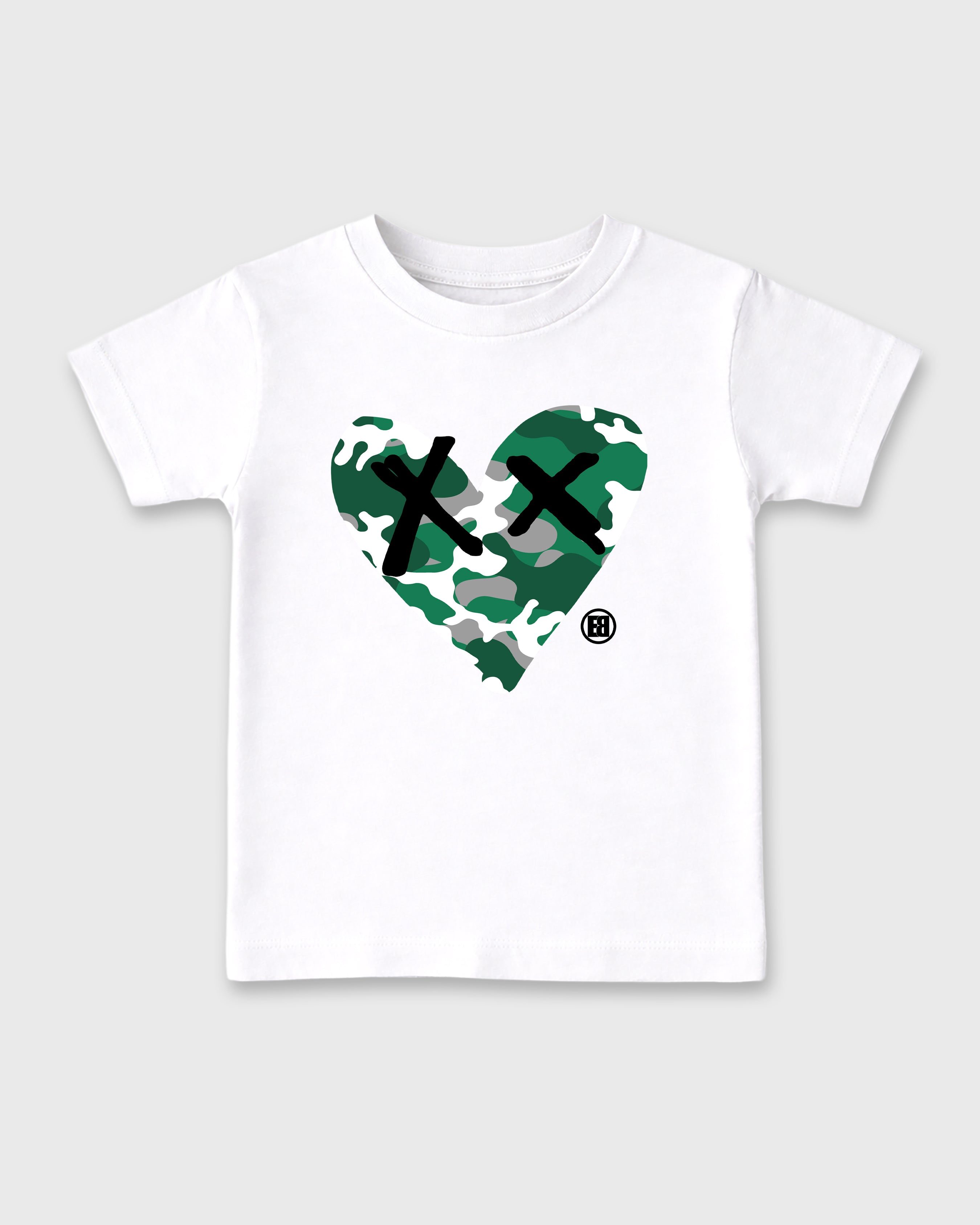 Camo Heart Baby & Kids Graphic T-Shirt featuring original artwork designed to match the Air Jordan 14 Forest Green. White 2 Kids Graphic Tee.