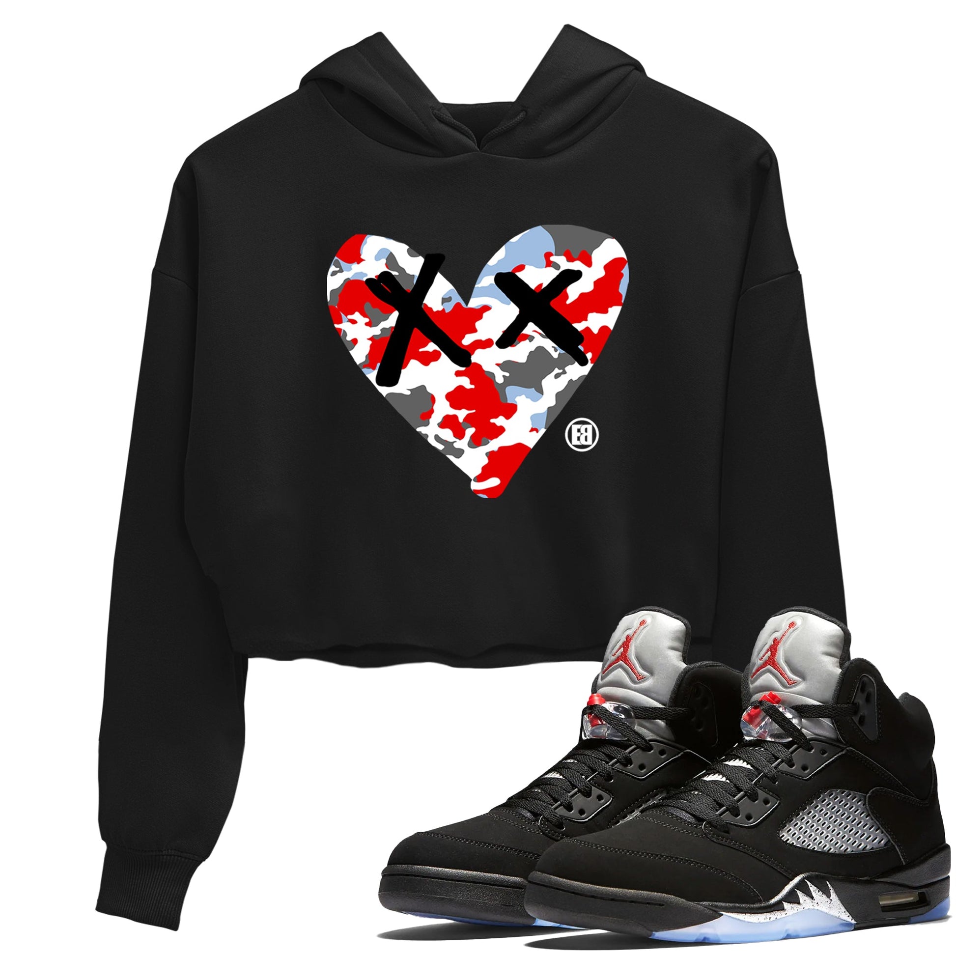 AJ5 Reimagined shirts to match jordans Camo Heart best t shirts to wear with jordans Air Jordan 5 Retro OG Reimagined match shoes to clothes SNRT Sneaker Tees unisex cotton Black 1 crop tee