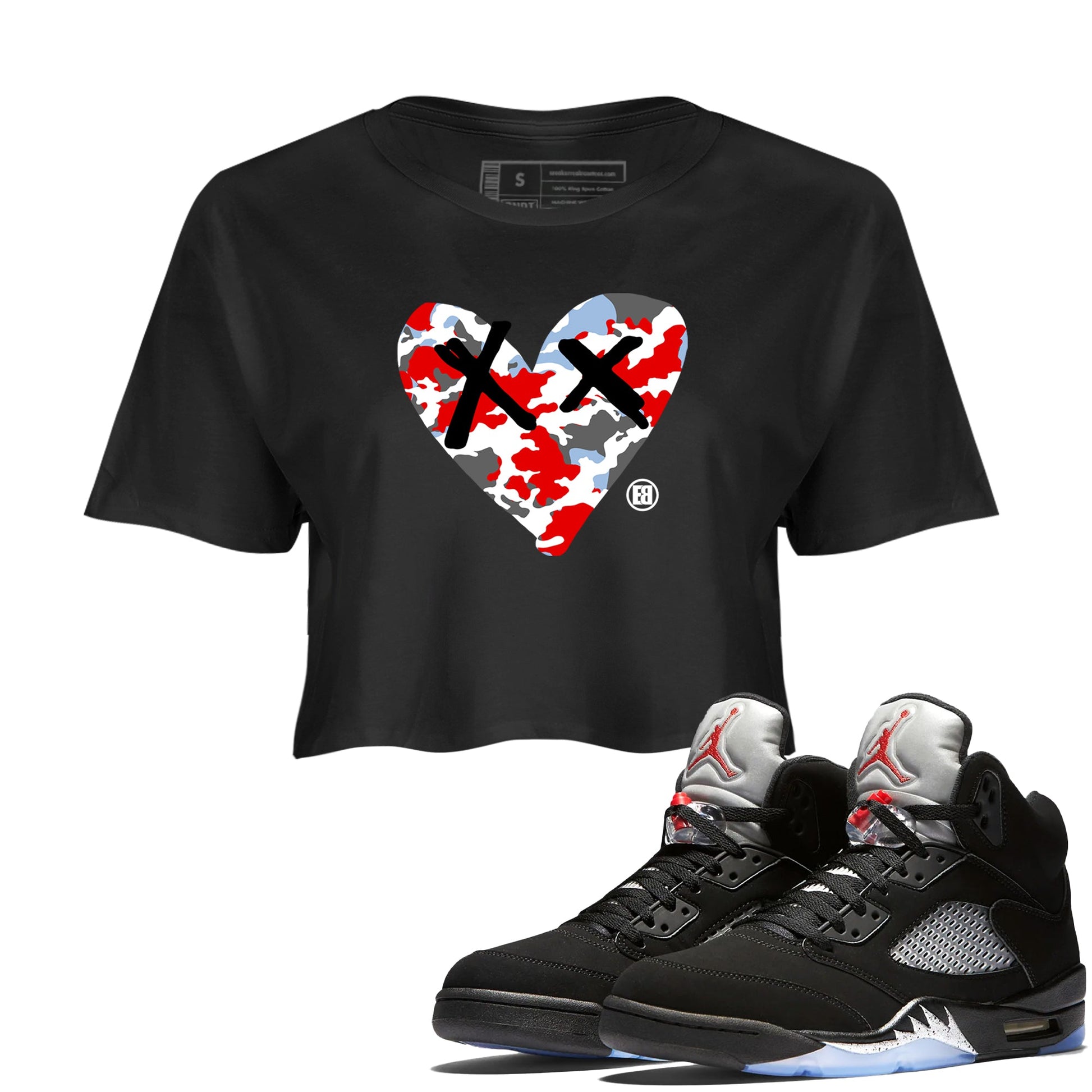 AJ5 Reimagined shirts to match jordans Camo Heart best t shirts to wear with jordans Air Jordan 5 Retro OG Reimagined match shoes to clothes SNRT Sneaker Tees unisex cotton Black 1 crop tee