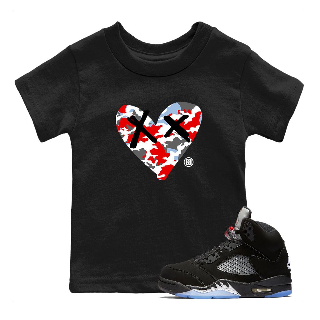 AJ5 Reimagined shirts to match jordans Camo Heart best t shirts to wear with jordans Air Jordan 5 Retro OG Reimagined match shoes to clothes SNRT Sneaker Tees Youth Baby Black 1 tee