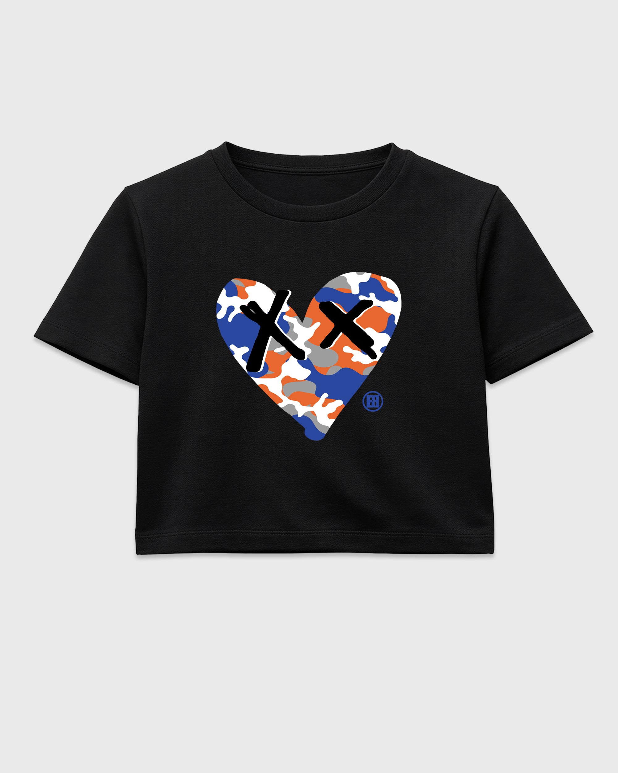 Camo Heart women’s crop tee designed to match the Air Jordan 8 Knicks, featuring coordinated Black 2 options for a perfect streetwear vibe.