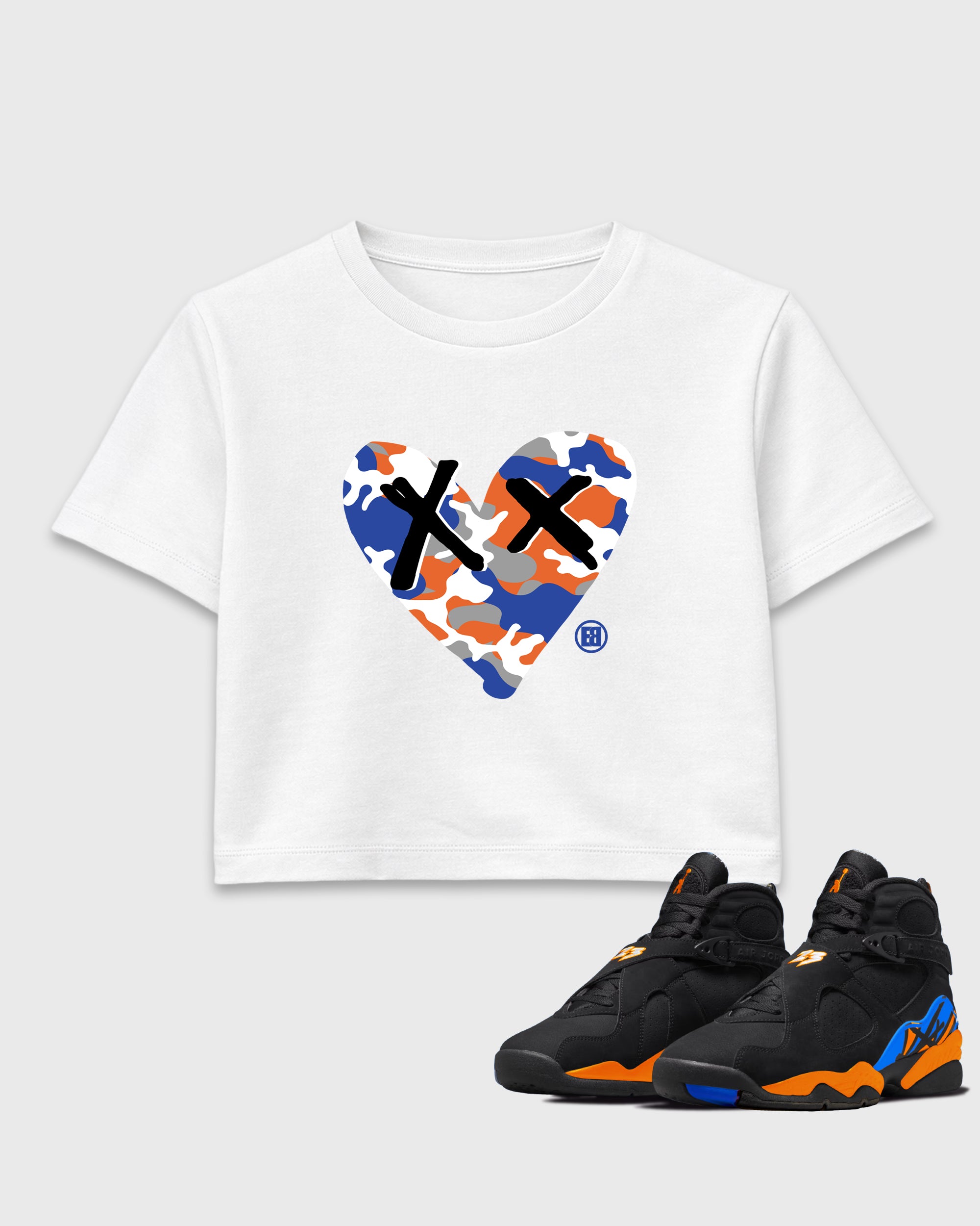 Camo Heart women’s crop tee designed to match the Air Jordan 8 Knicks, featuring coordinated White 1 options for a perfect streetwear vibe.