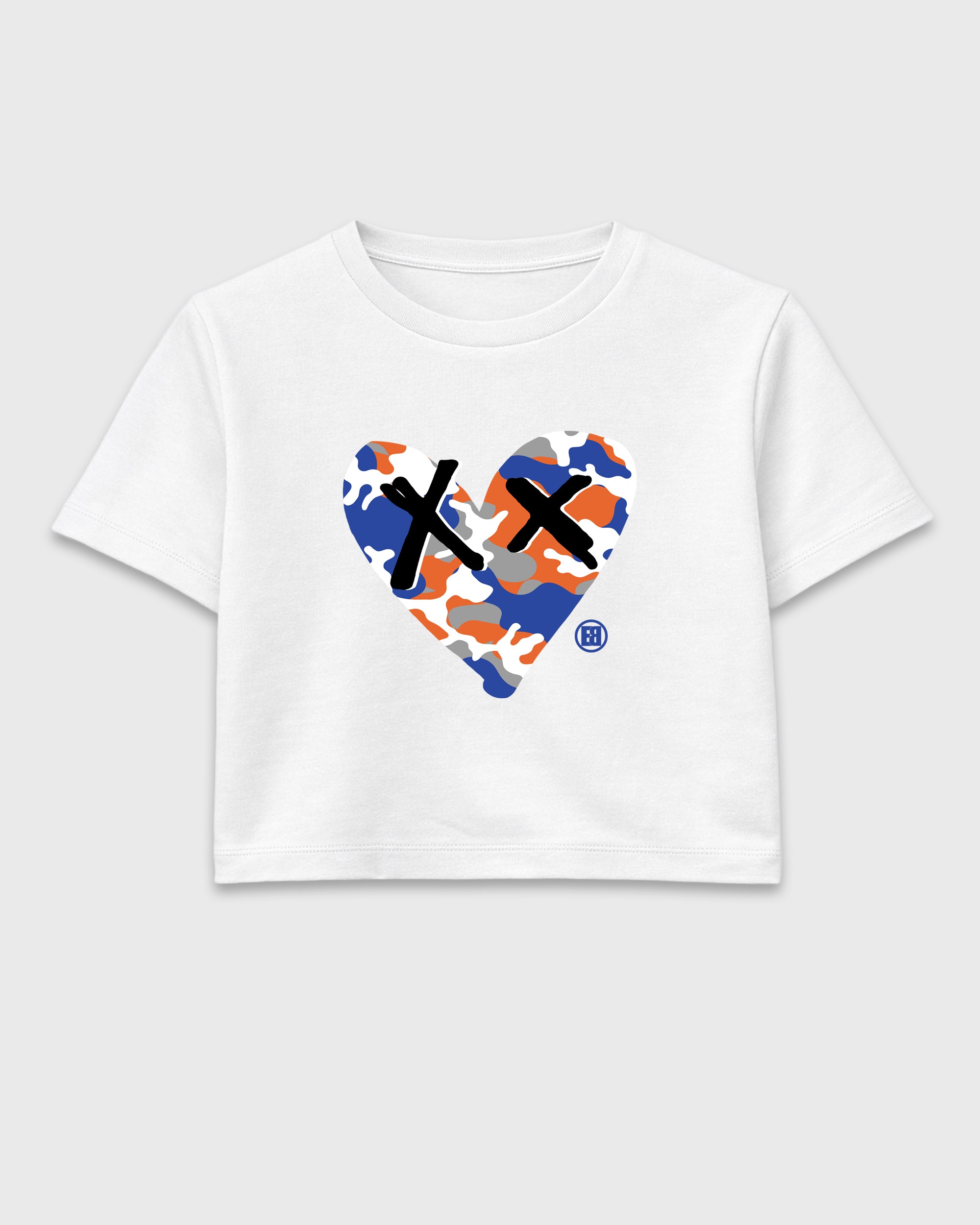 Camo Heart women’s crop tee designed to match the Air Jordan 8 Knicks, featuring coordinated White 2 options for a perfect streetwear vibe.