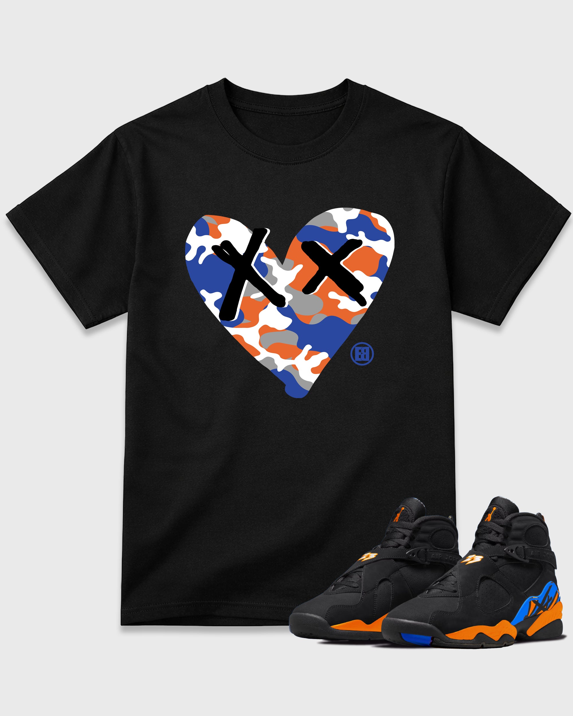 Camo Heart Graphic T-Shirt featuring original streetwear artwork designed to match the Air Jordan 8 Knicks. Black 1 Graphic T-Shirt.