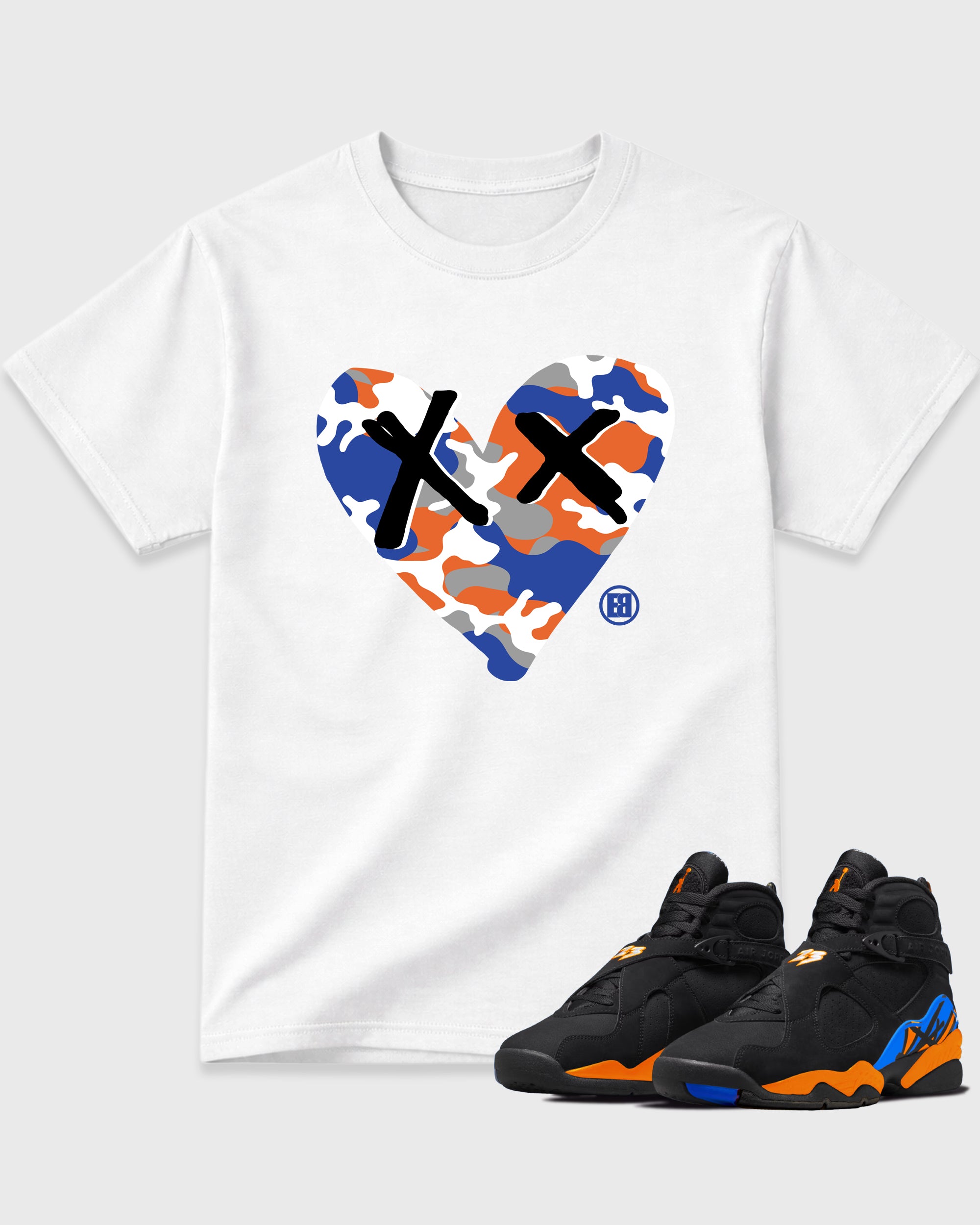 Camo Heart Graphic T-Shirt featuring original streetwear artwork designed to match the Air Jordan 8 Knicks. White 1 Graphic T-Shirt.