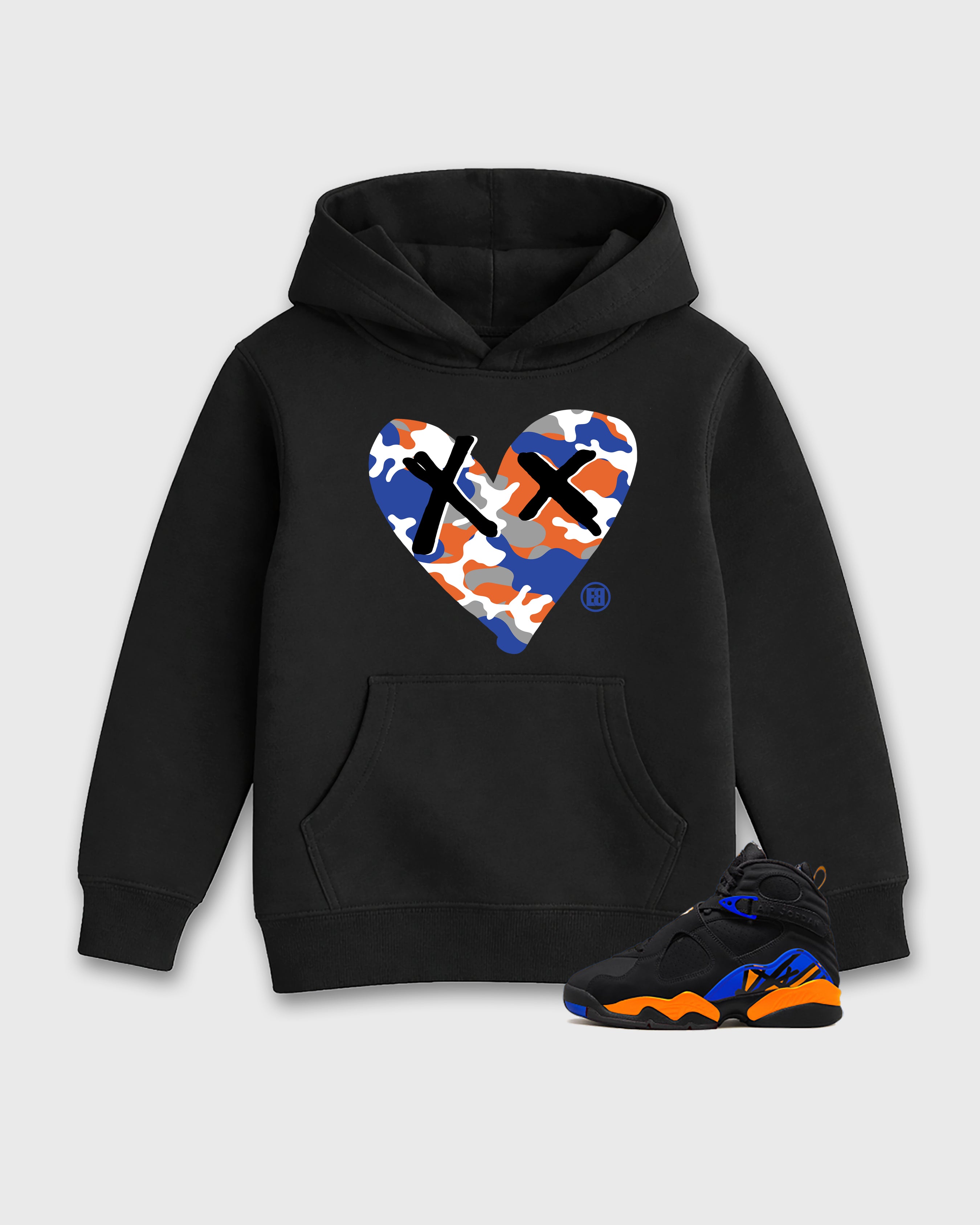 Camo Heart Baby & Kids Graphic Hoodie featuring original artwork designed to match the Air Jordan 8 Knicks. Black 1 Kids Graphic Sweater.