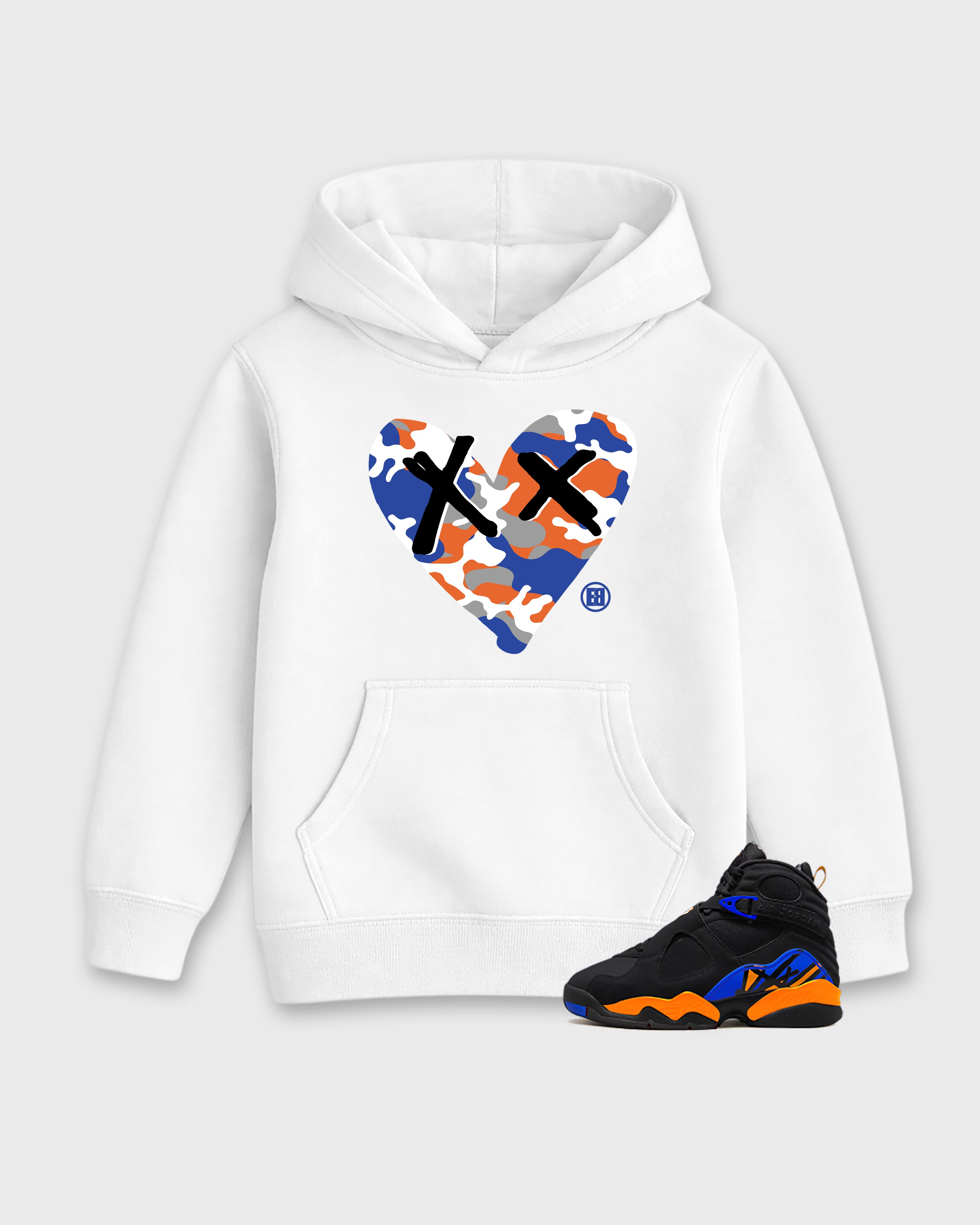 Camo Heart Baby & Kids Graphic Hoodie featuring original artwork designed to match the Air Jordan 8 Knicks. White 1 Kids Graphic Sweater.
