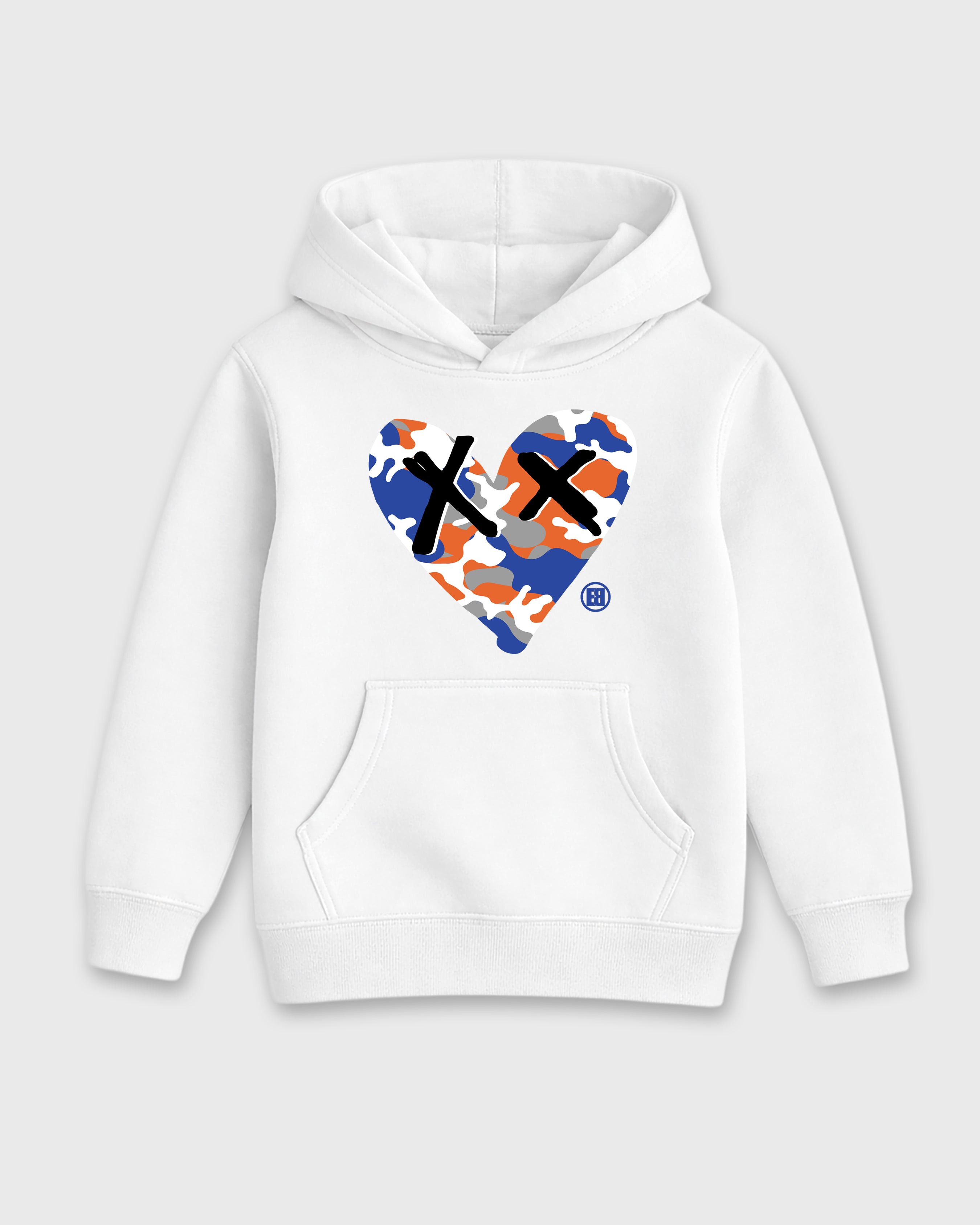 Camo Heart Baby & Kids Graphic Hoodie featuring original artwork designed to match the Air Jordan 8 Knicks. White 2 Kids Graphic Sweater.