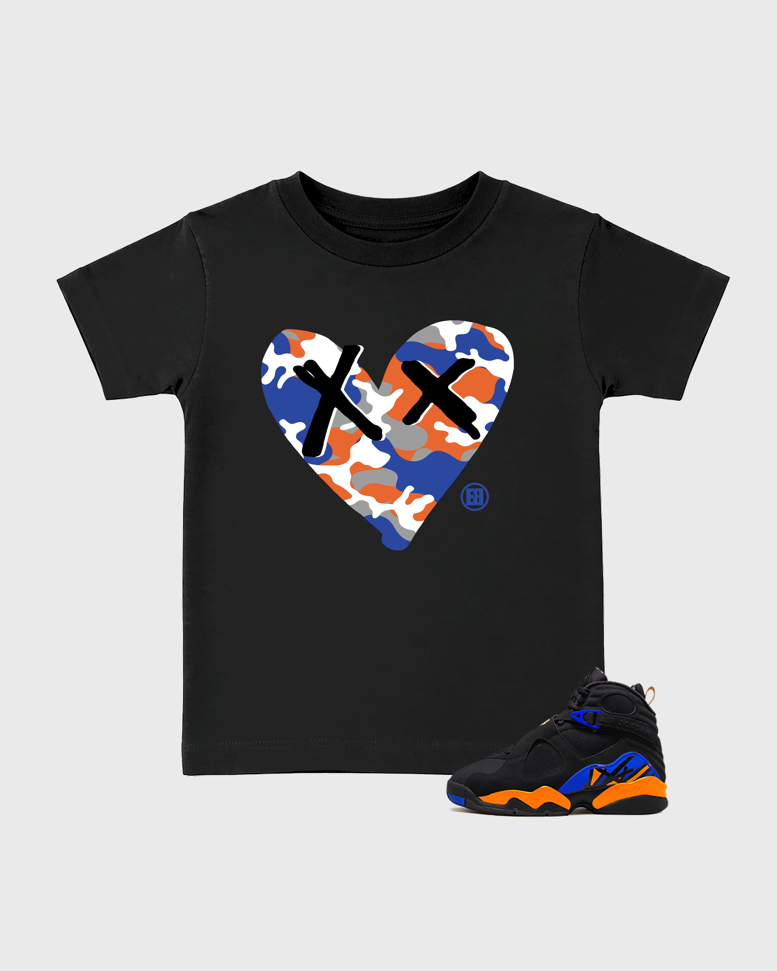 Camo Heart Baby & Kids Graphic T-Shirt featuring original artwork designed to match the Air Jordan 8 Knicks. Black 1 Kids Graphic Tee.