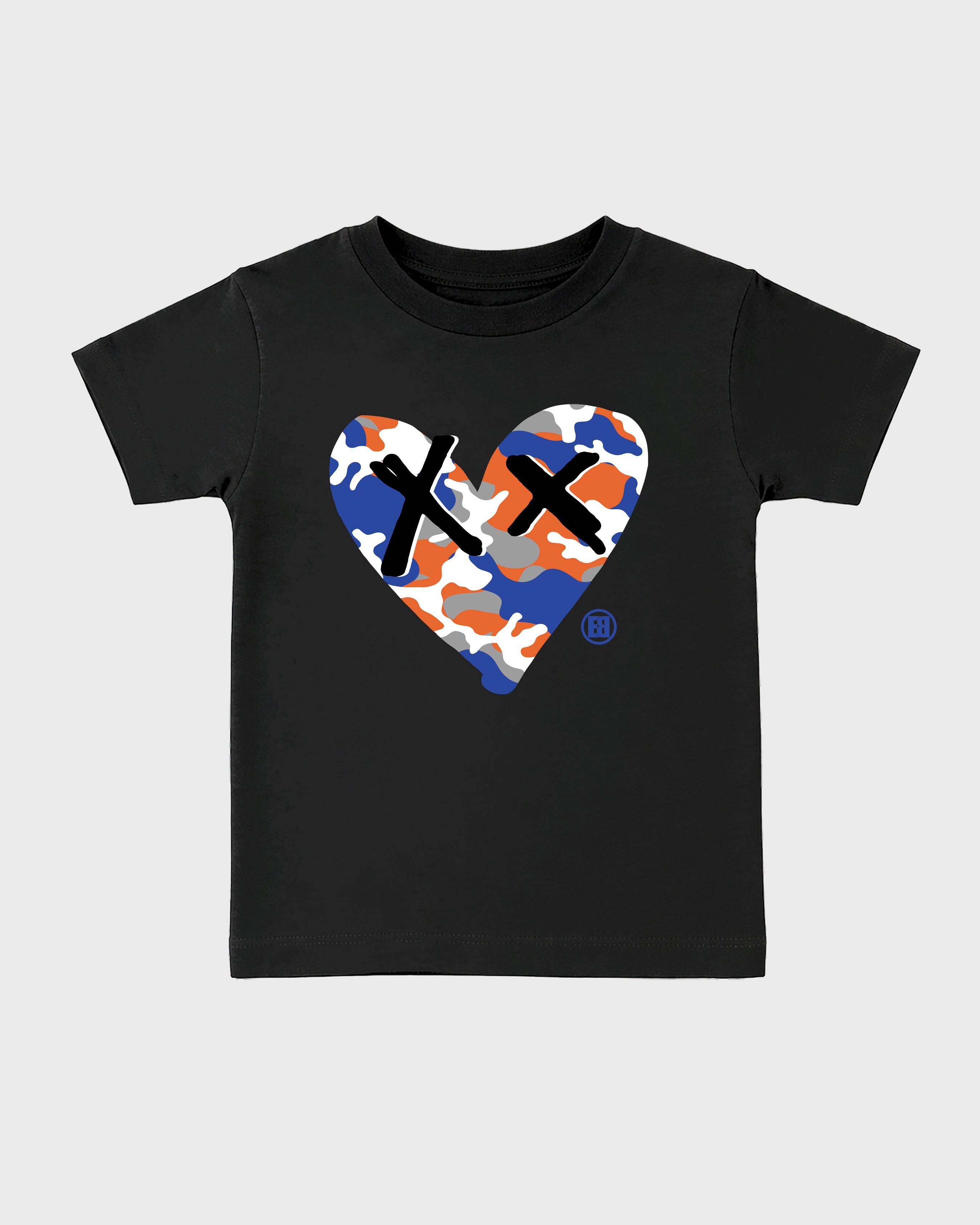 Camo Heart Baby & Kids Graphic T-Shirt featuring original artwork designed to match the Air Jordan 8 Knicks. Black 2 Kids Graphic Tee.