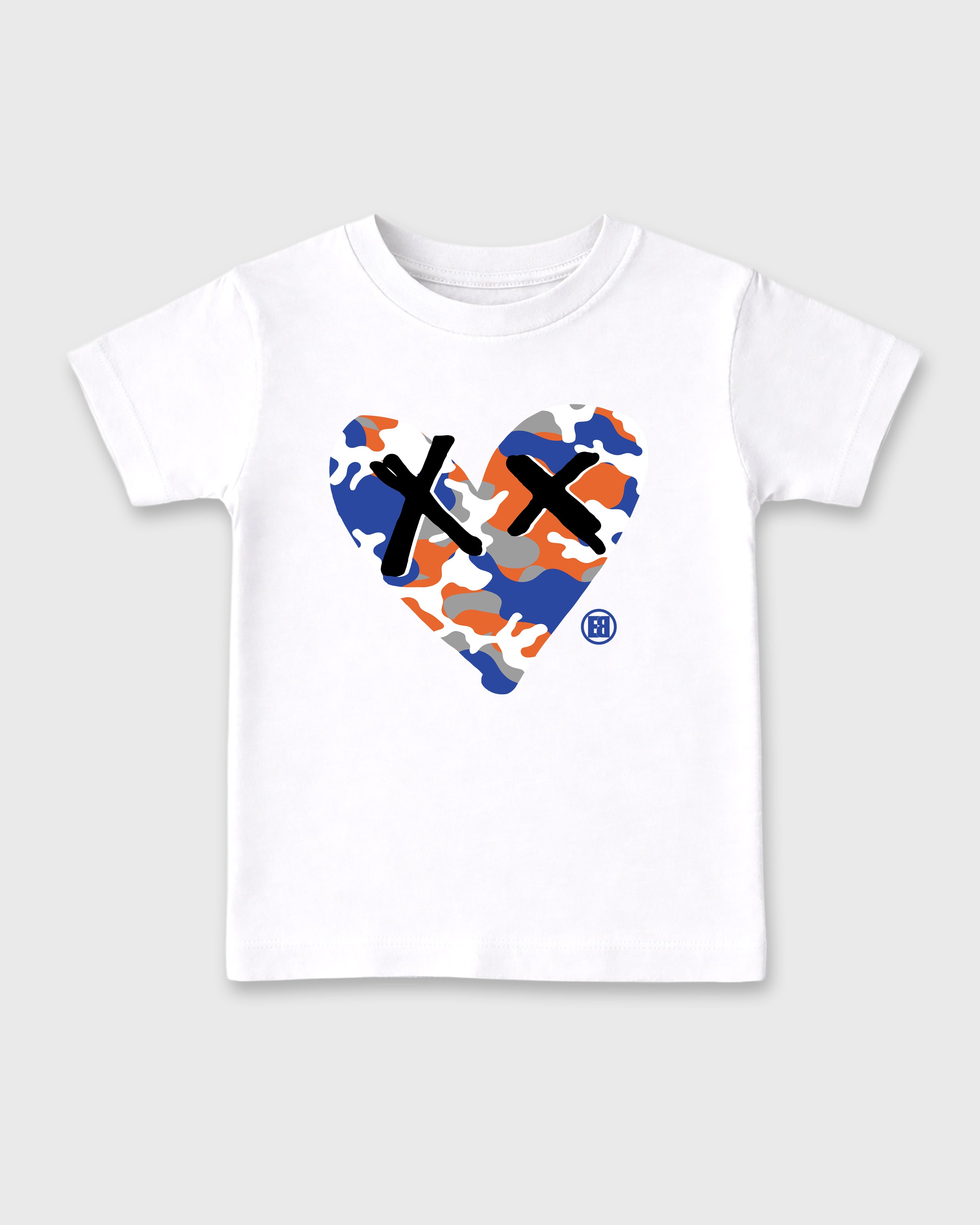 Camo Heart Baby & Kids Graphic T-Shirt featuring original artwork designed to match the Air Jordan 8 Knicks. White 2 Kids Graphic Tee.