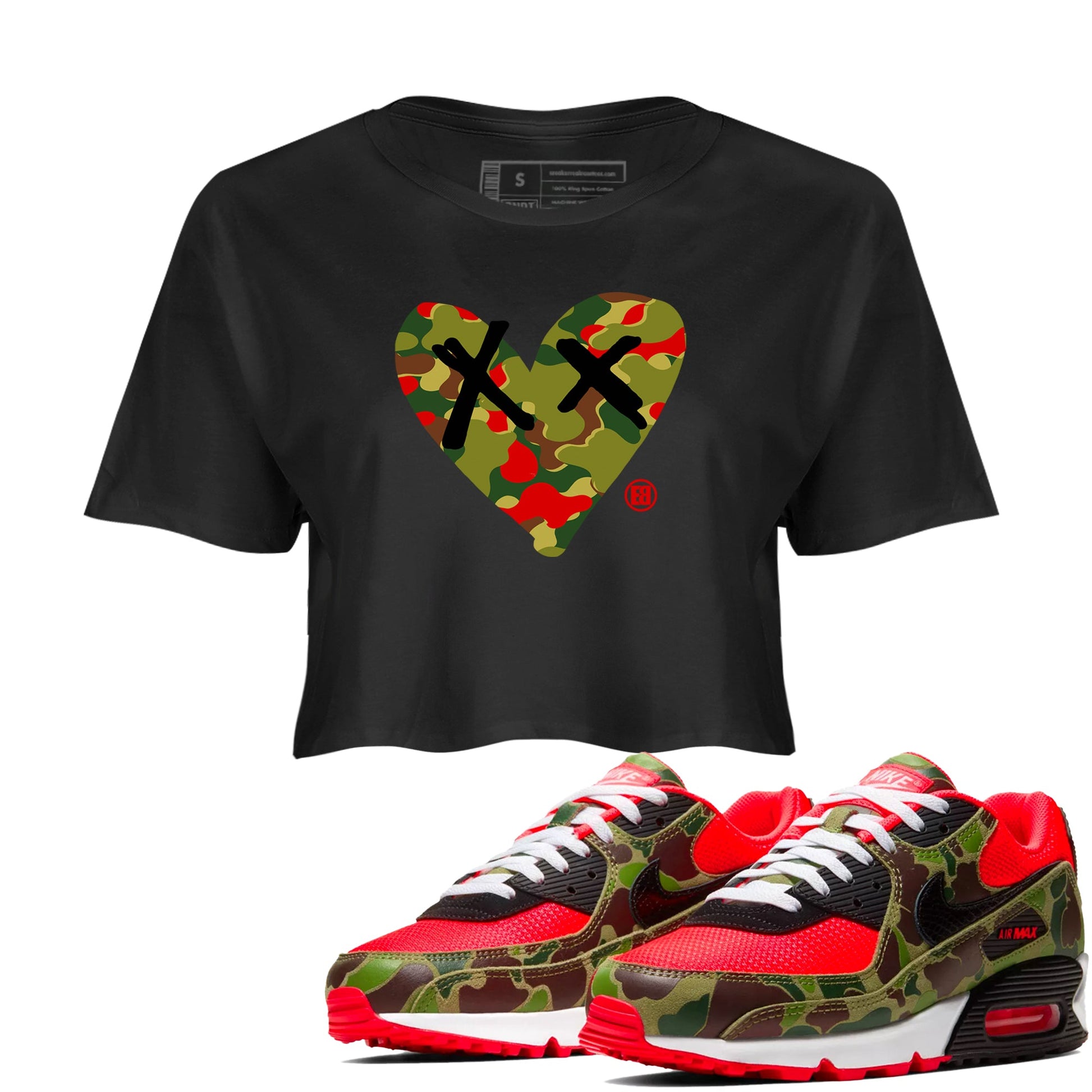 Air Max 90 Reverse Duck Camo shirts to match jordans Camo Heart best t shirts to wear with jordans Air Max 90 Reverse Duck Camo match shoes to clothes SNRT Sneaker Tees unisex cotton Black 1 crop tee