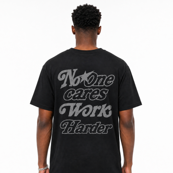 No One Cares Work Harder graphic t-shirt styled to complete your sneaker outfit with the Air Jordan 6 Cap and Gown sneakers, shown in Black.