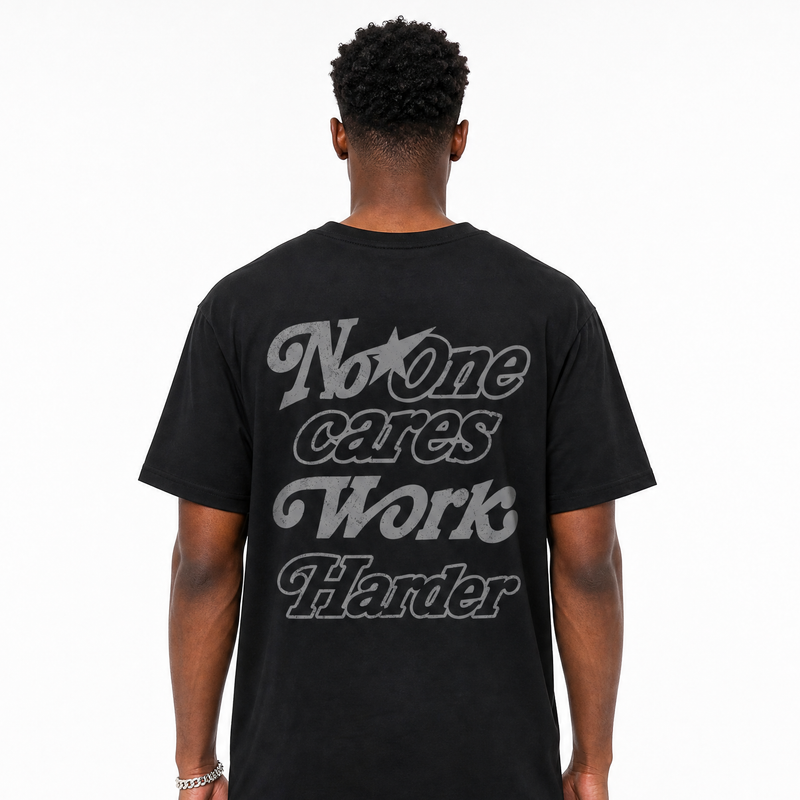 No One Cares Work Harder graphic t-shirt styled to complete your sneaker outfit with the Air Jordan 6 Cap and Gown sneakers, shown in Black.