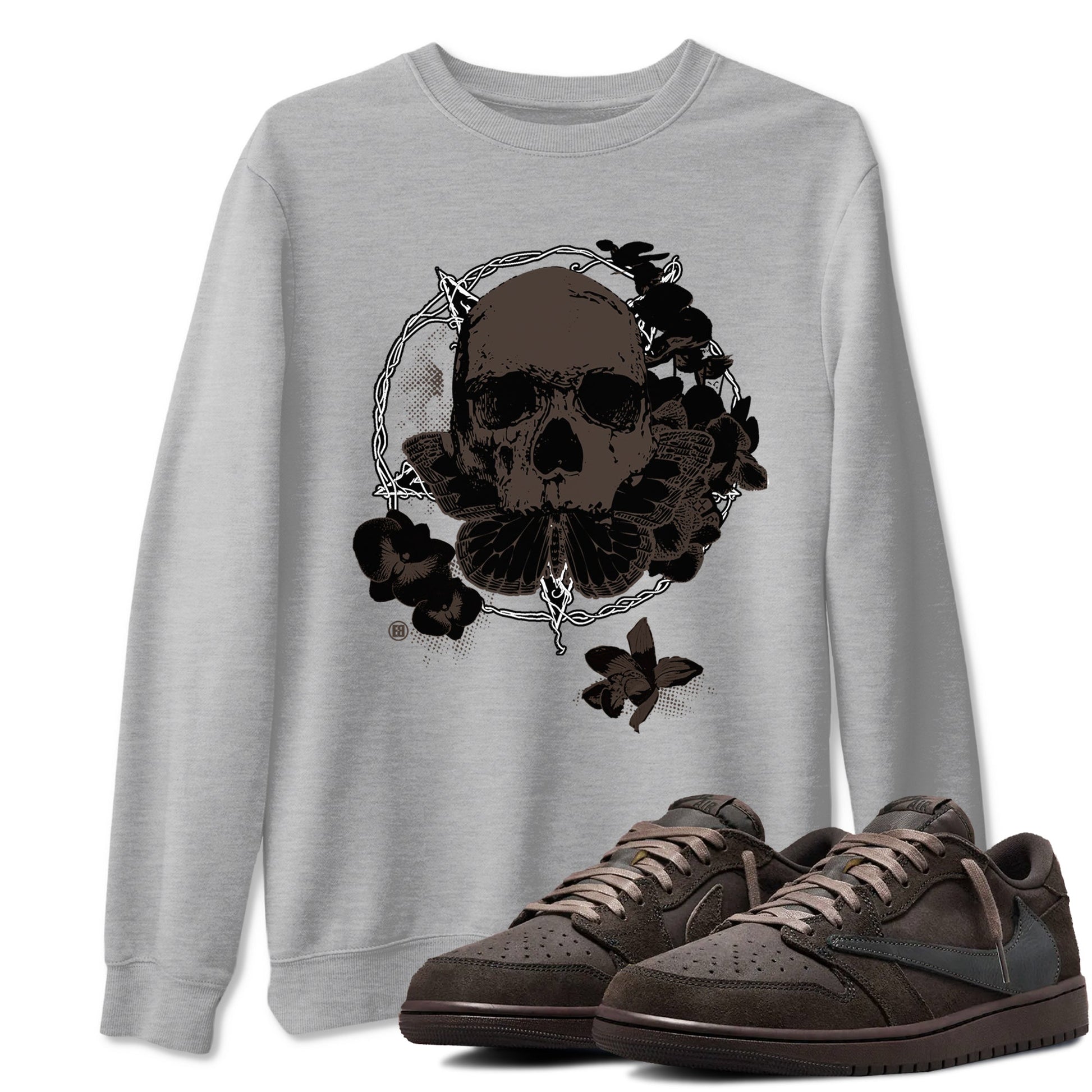 AJ1 Travis Scott Velvet Brown and Dark Mocha shirts to match jordans Carpe Diem Skull sneaker match tees 1s Travis Scott Velvet Brown match shoes to clothes SNRT Sneaker Tees unisex cotton Heather Grey 1 shirts