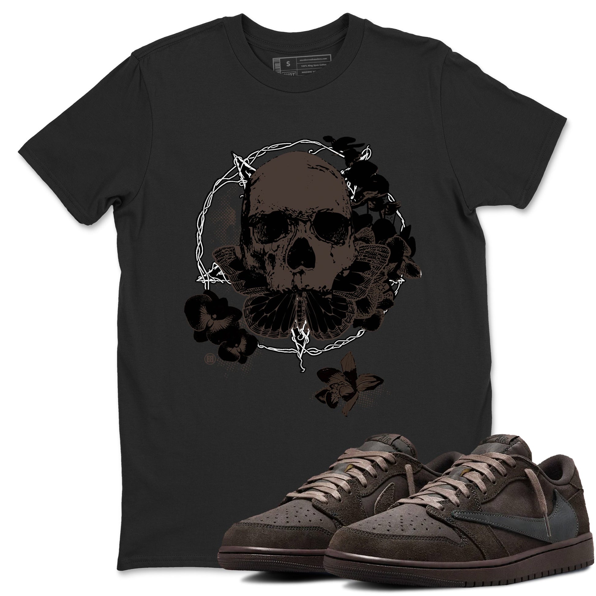 AJ1 Travis Scott Velvet Brown and Dark Mocha shirts to match jordans Carpe Diem Skull sneaker match tees 1s Travis Scott Velvet Brown match shoes to clothes SNRT Sneaker Tees unisex cotton Black 1 shirts