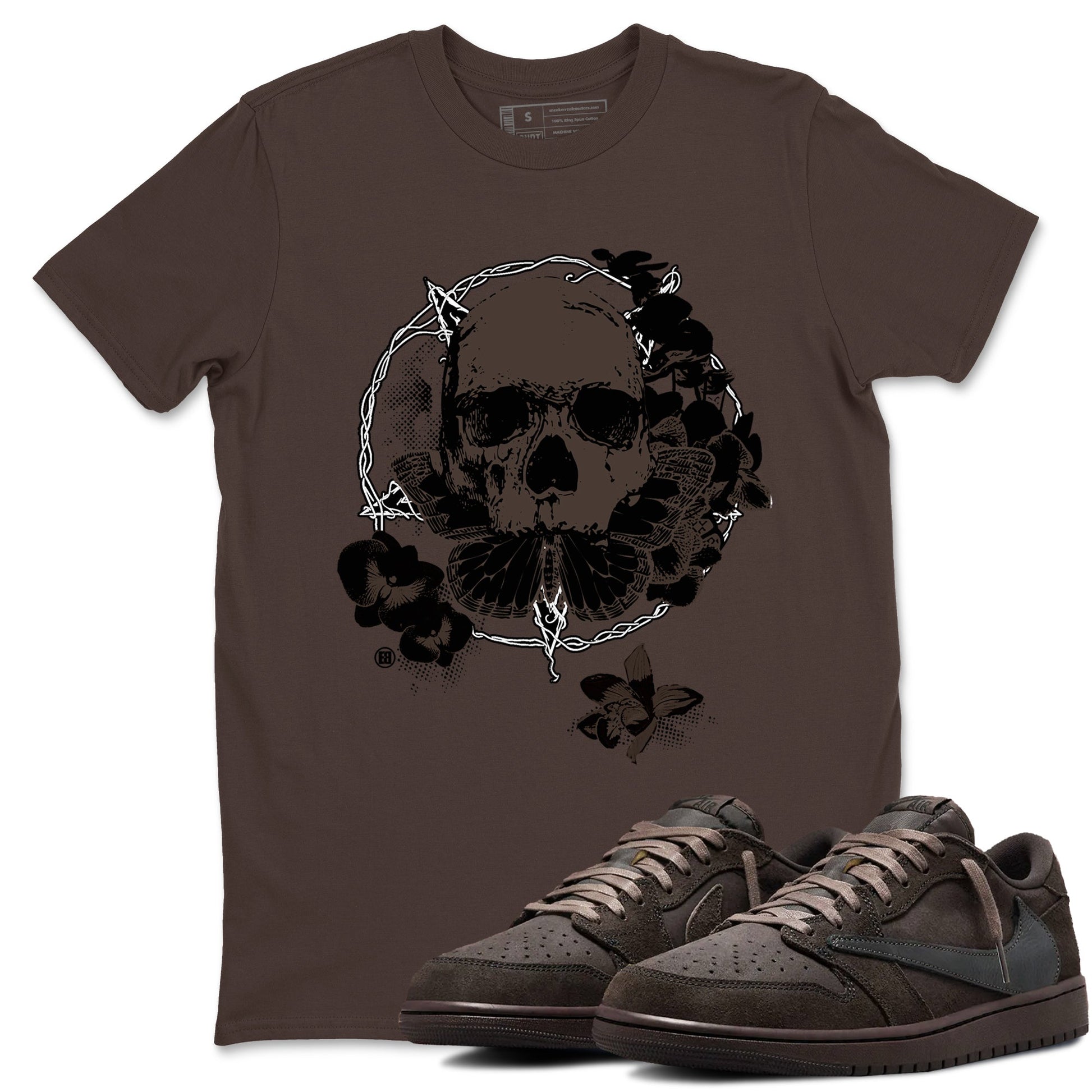 AJ1 Travis Scott Velvet Brown and Dark Mocha shirts to match jordans Carpe Diem Skull sneaker match tees 1s Travis Scott Velvet Brown match shoes to clothes SNRT Sneaker Tees unisex cotton Dark Chocolate 1 shirts