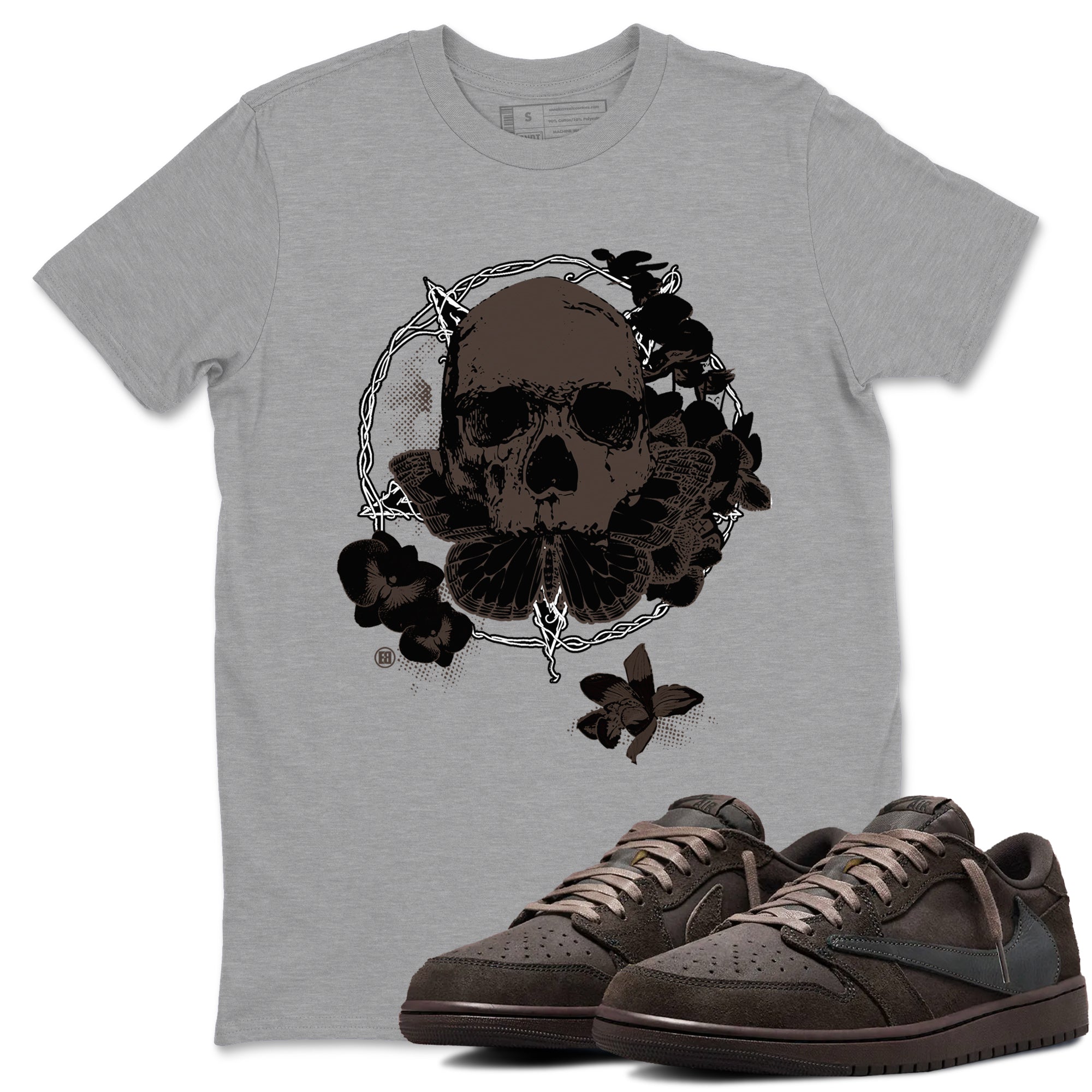 AJ1 Travis Scott Velvet Brown and Dark Mocha shirts to match jordans Carpe Diem Skull sneaker match tees 1s Travis Scott Velvet Brown match shoes to clothes SNRT Sneaker Tees unisex cotton Heather Grey 1 shirts